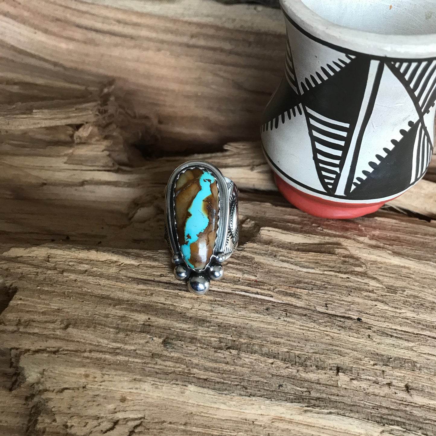Royston Ribbon Turquoise Ring~ Sterling Silver~ Offset Shank~ Artisan Handmade~ Size 8 1/2
