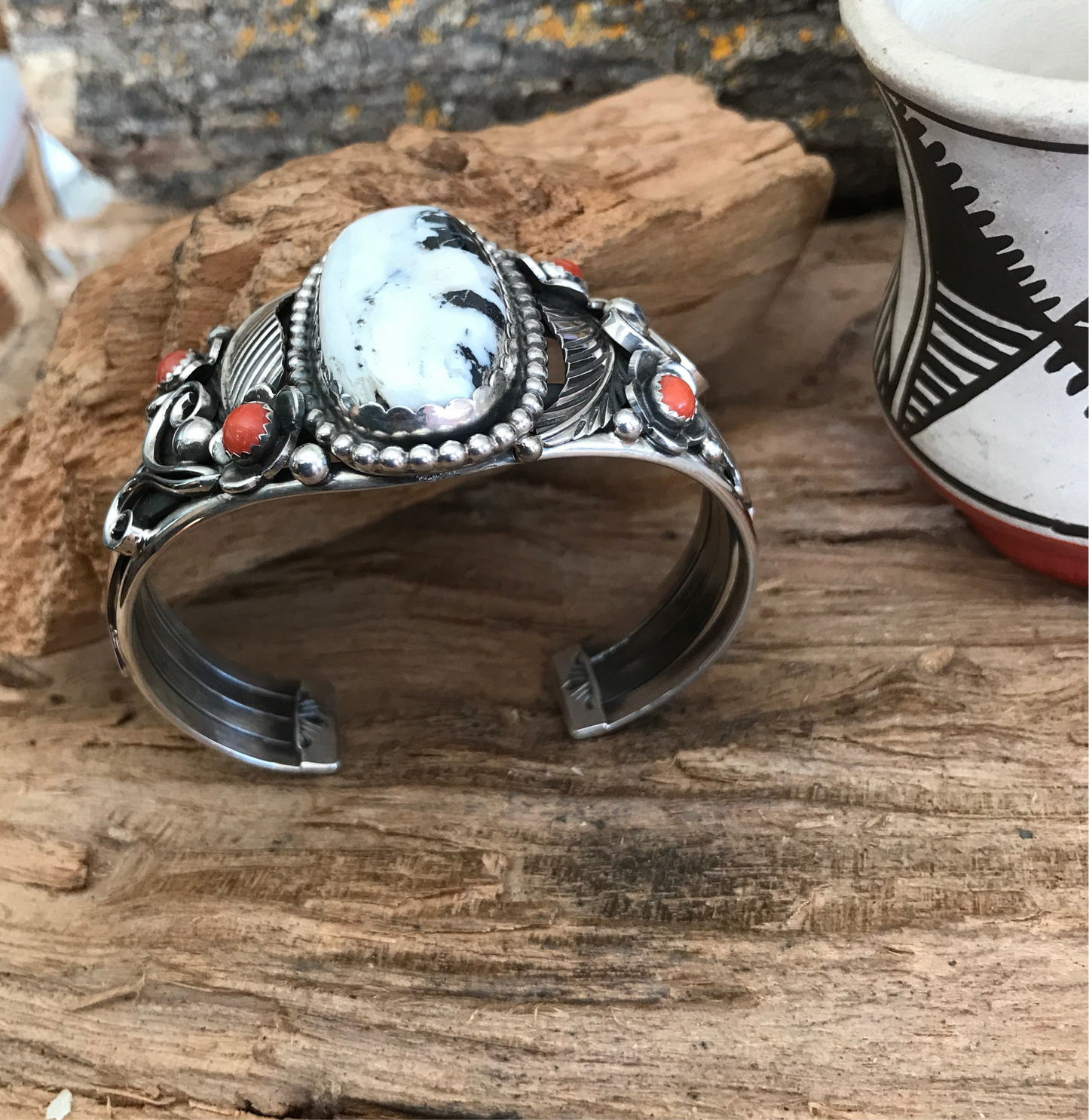 White Buffalo Cuff Bracelet with Red Coral Wildflowers~ Sterling Silver~ Artisan Handmade~RTS020