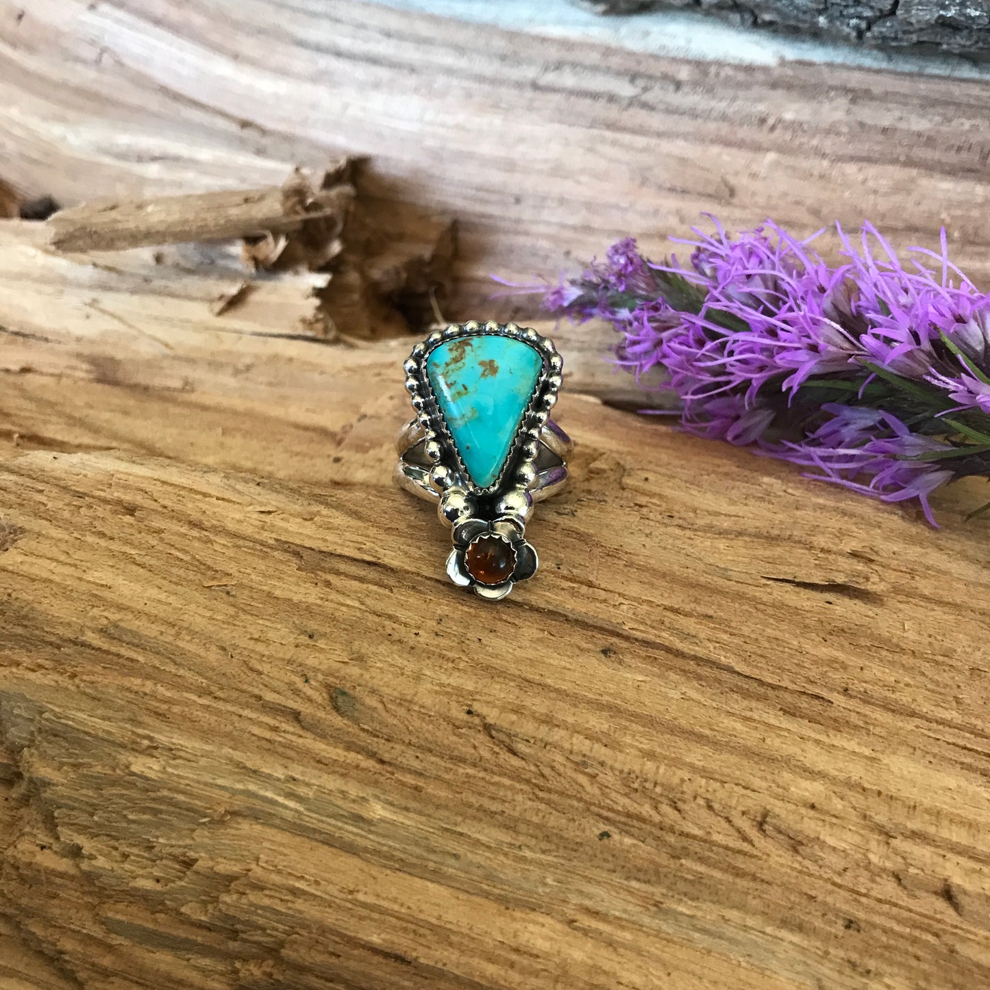 Kings Manassa Turquoise Ring with an Amber Wildflower~ Sterling Silver~ Artisan Handmade~ Size 7 3/4