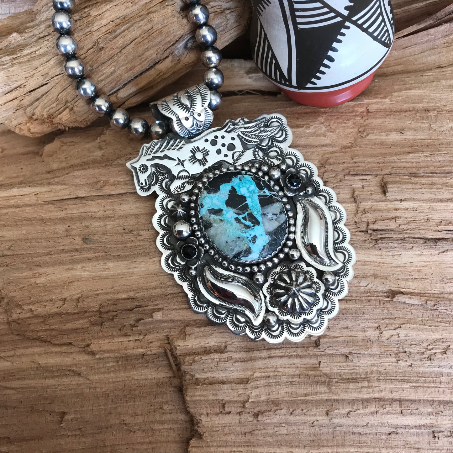 SPIRIT PONY Repousse pendant with Blue Moon Turquoise~ Sterling Silver~ Huge pendant~ Artisan Handmade