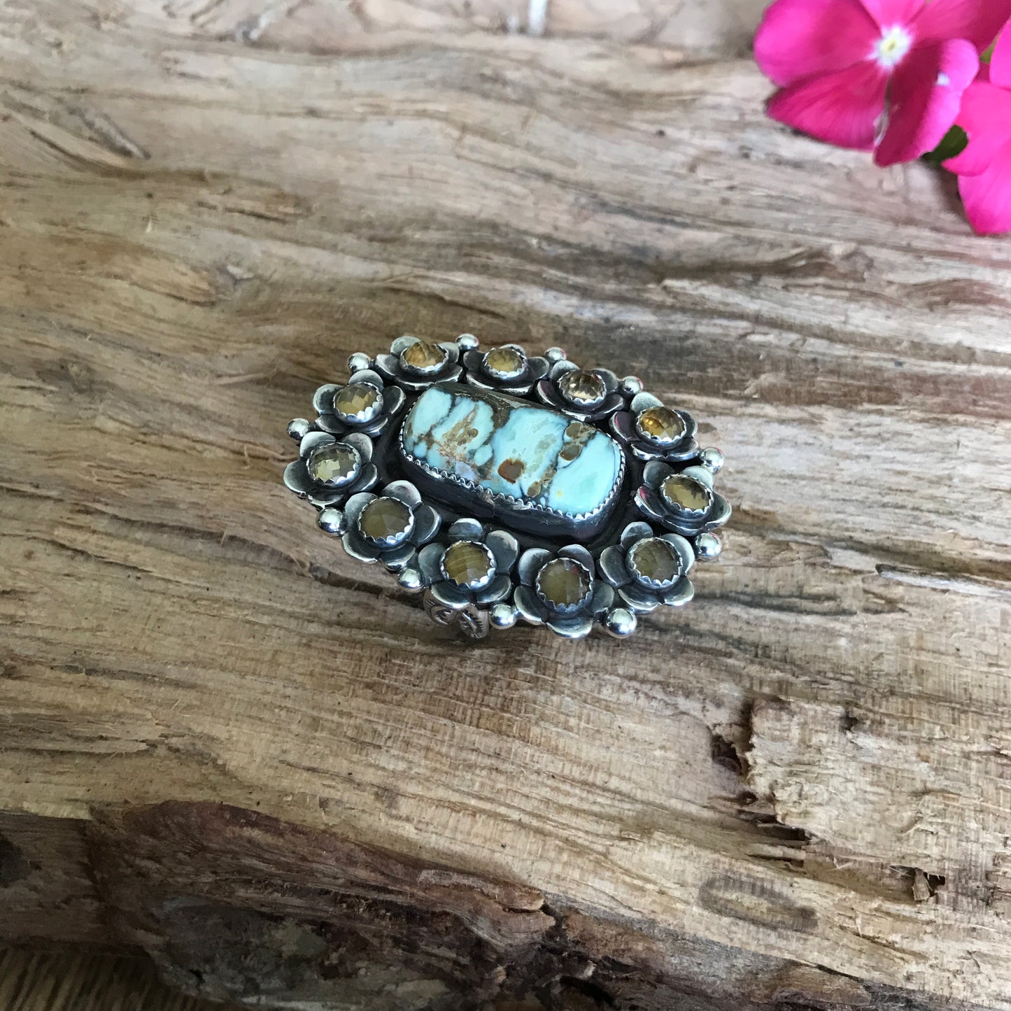 FLORA de SANTA FE ~ 7 Dwarfs Turquoise ring with Citrine Wildflowers ~ Sterling Silver~ Artisan Handmade ~ size 10 1/2