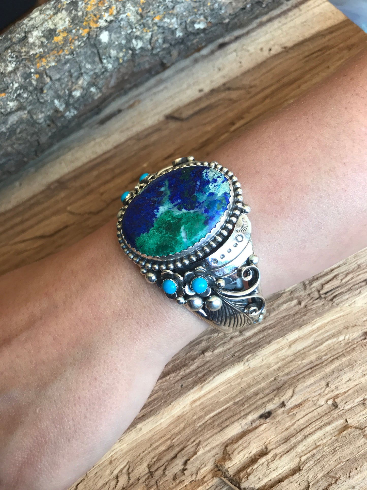 Bluebird Azurite cuff Bracelet with Sleeping Beauty Wildflowers~ Sterling Silver~ Artisan Handmade