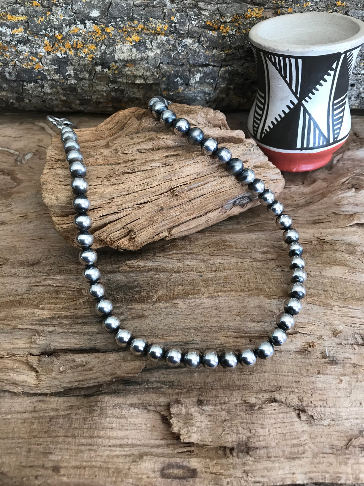 Navajo Pearls 18 1/2 inch~ Sterling Silver~ 7mm beads~ Soldered Handmade Catches~ Strung on Squashblossom heavy braided Foxtail~ 1007
