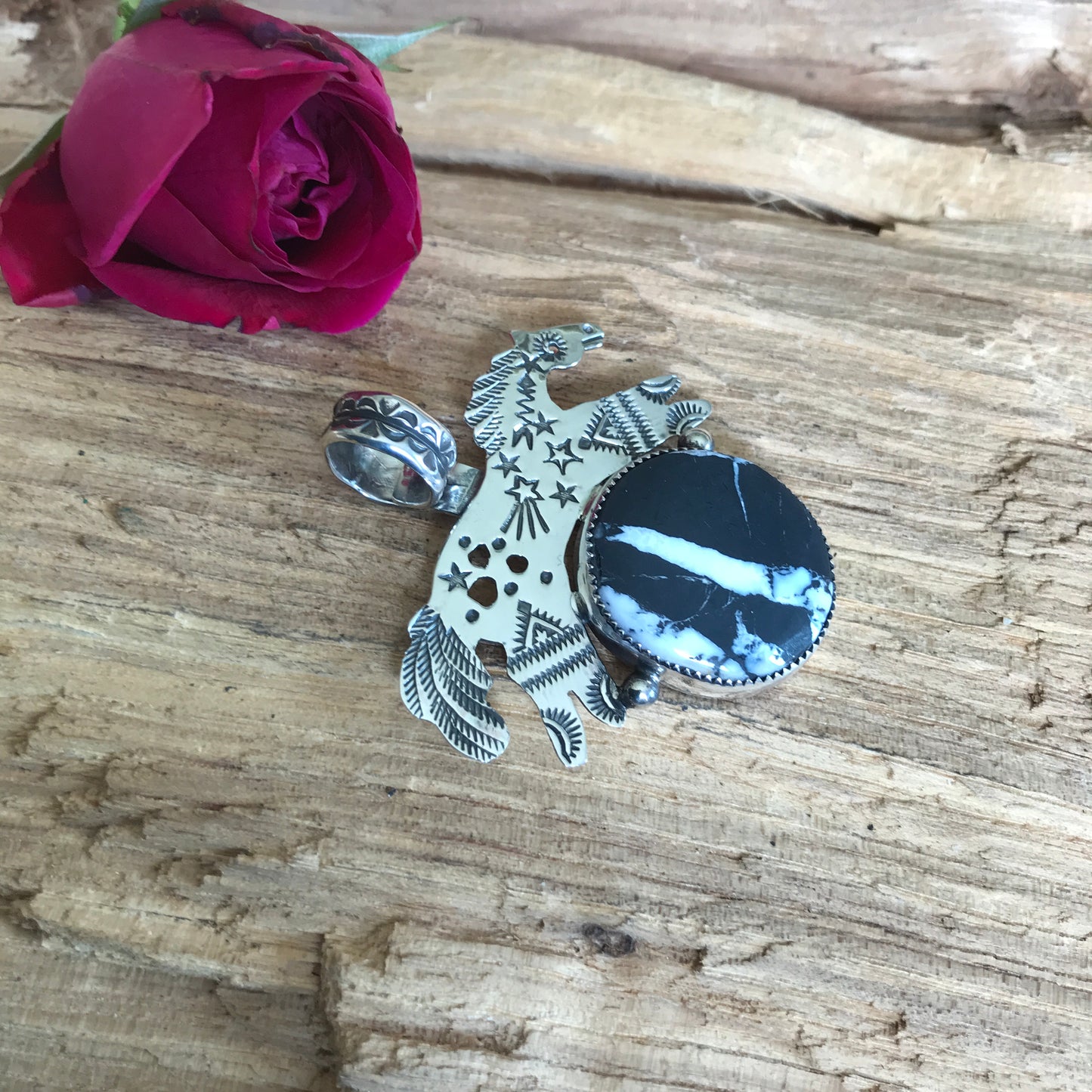SPIRIT PONY pendant with White Buffalo~ Sterling Silver~ Artisan Handmade