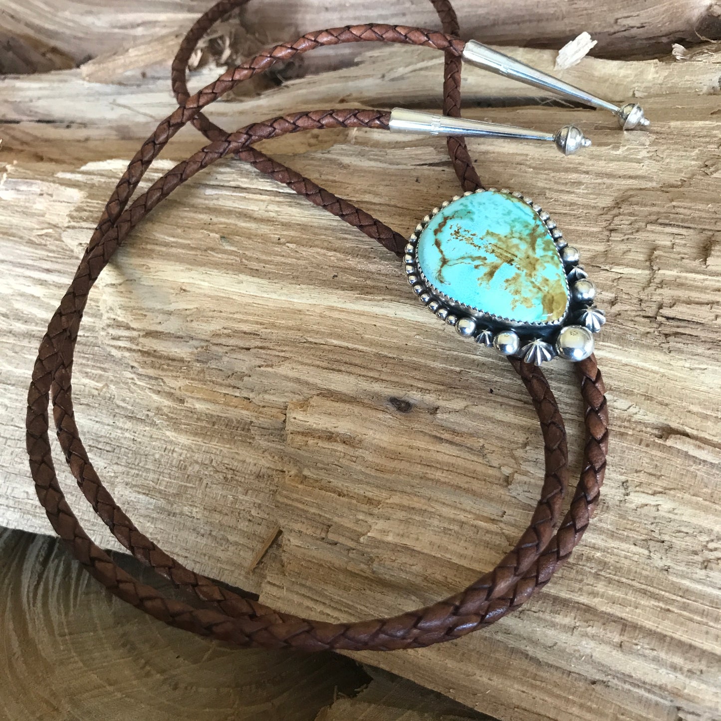 Pilot Mountain Turquoise Bolo Tie~ Sterling Silver~ real leather cord