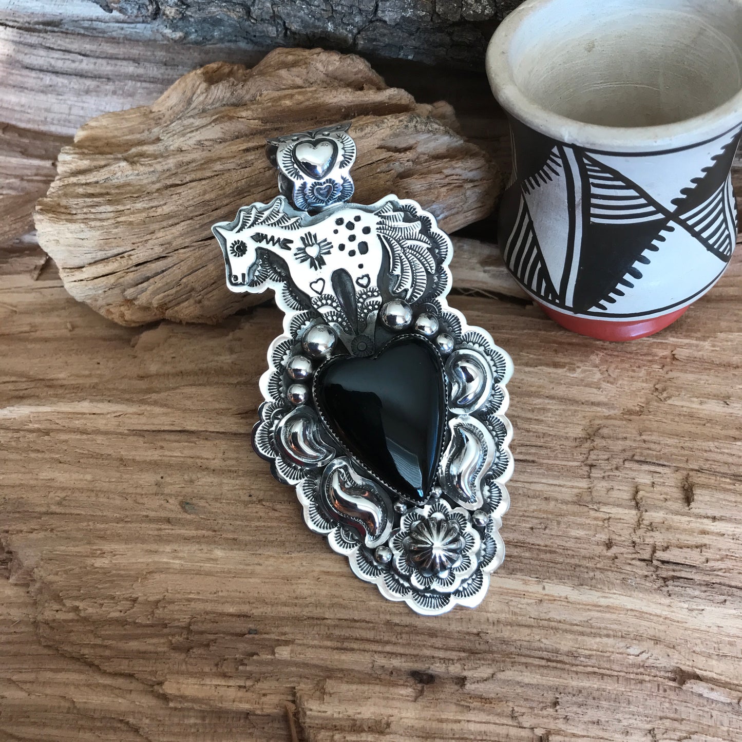 SPIRIT PONY pendant with a Black Onyx Heart~ Sterling Silver~ large pendant~ Artisan Handmade ~ 1139