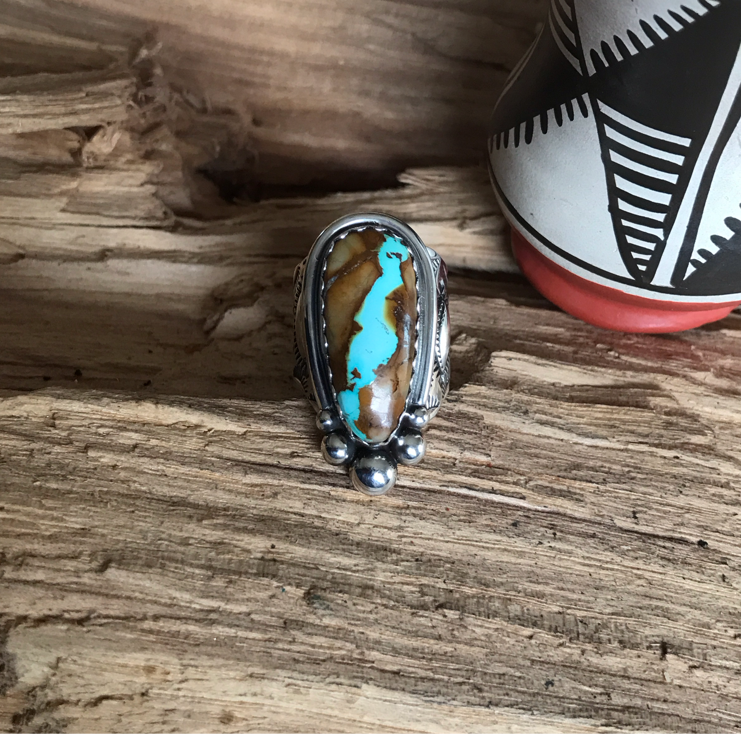 Royston Ribbon Turquoise Ring~ Sterling Silver~ Offset Shank~ Artisan Handmade~ Size 8 1/2