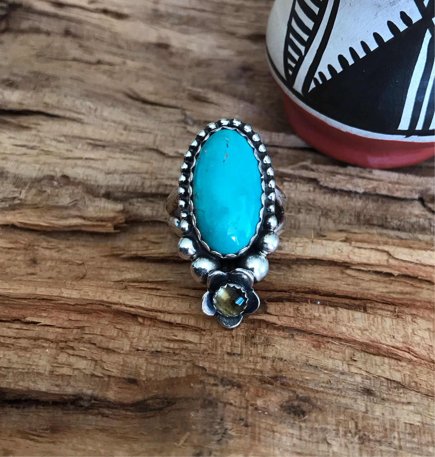Tyrone Turquoise Ring with a Citrine Wildflower~ Sterling Silver~ Artisan Handmade~ Size 9