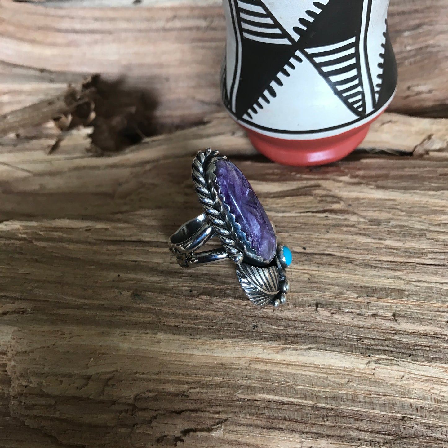 Charoite and Sleeping Beauty Turquoise Ring~Sterling Silver~ Artisan Handmade~ Size 6