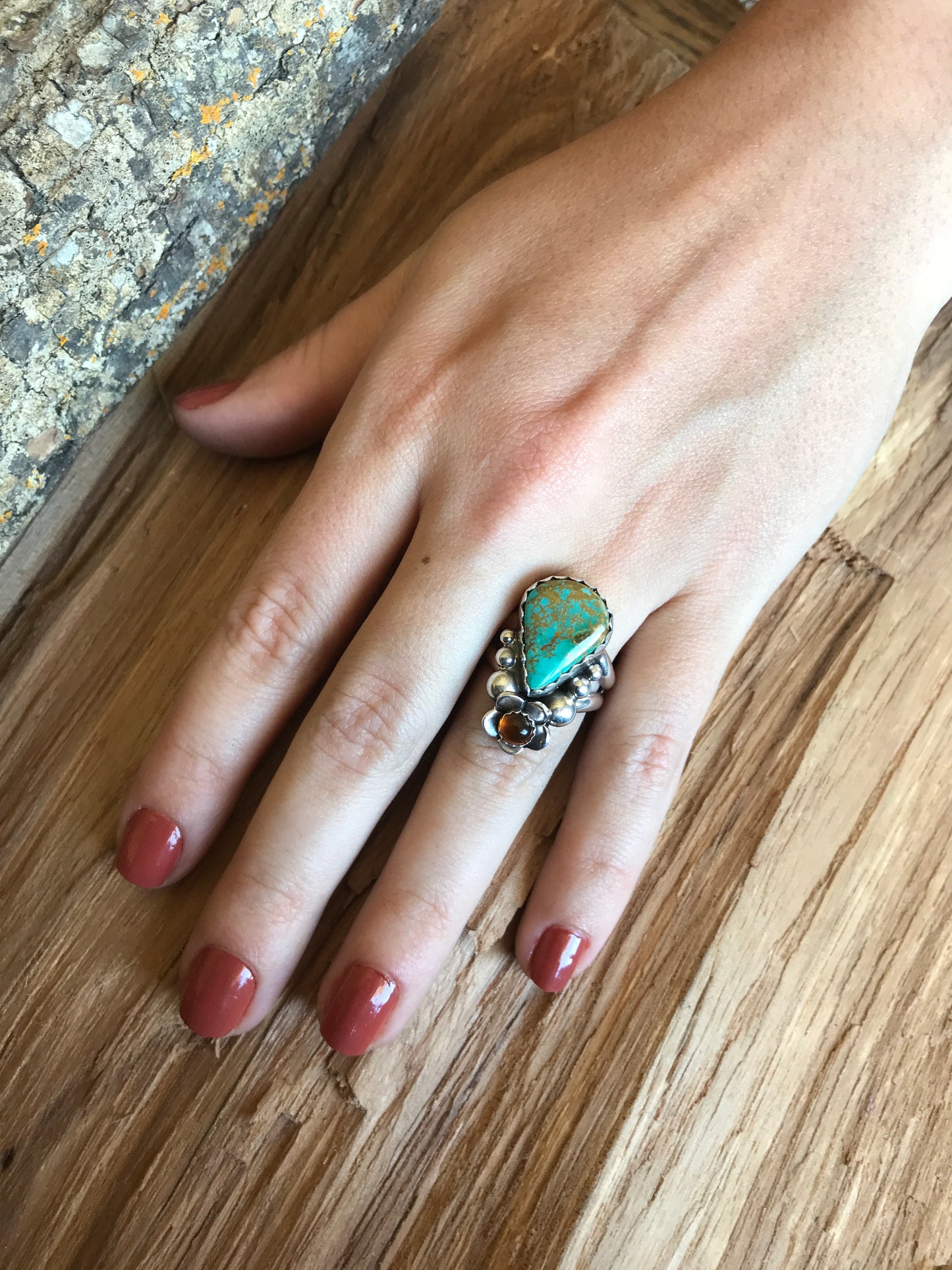 Kings Manassa Turquoise Ring with an Amber Wildflower~ Sterling Silver~ Artisan Handmade~ Size 7