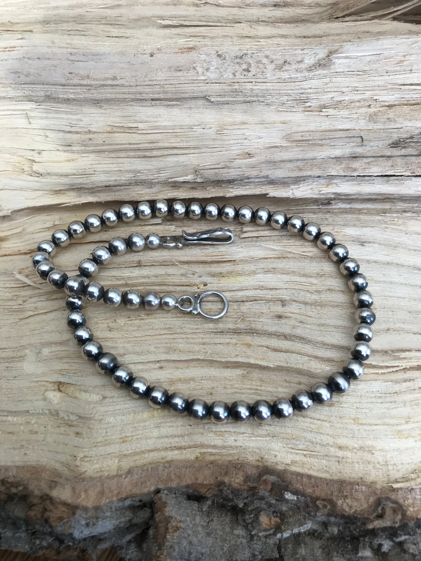 Navajo Pearls 18 1/2 inch~ Sterling Silver~ 7mm beads~ Soldered Handmade Catches~ Strung on Squashblossom heavy braided Foxtail~ 1007