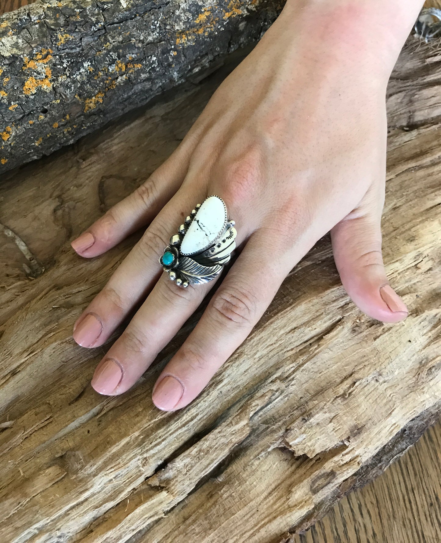 White Buffalo Ring with a Carico Lake Turquoise Wildflower~ Sterling Silver~ Size 8