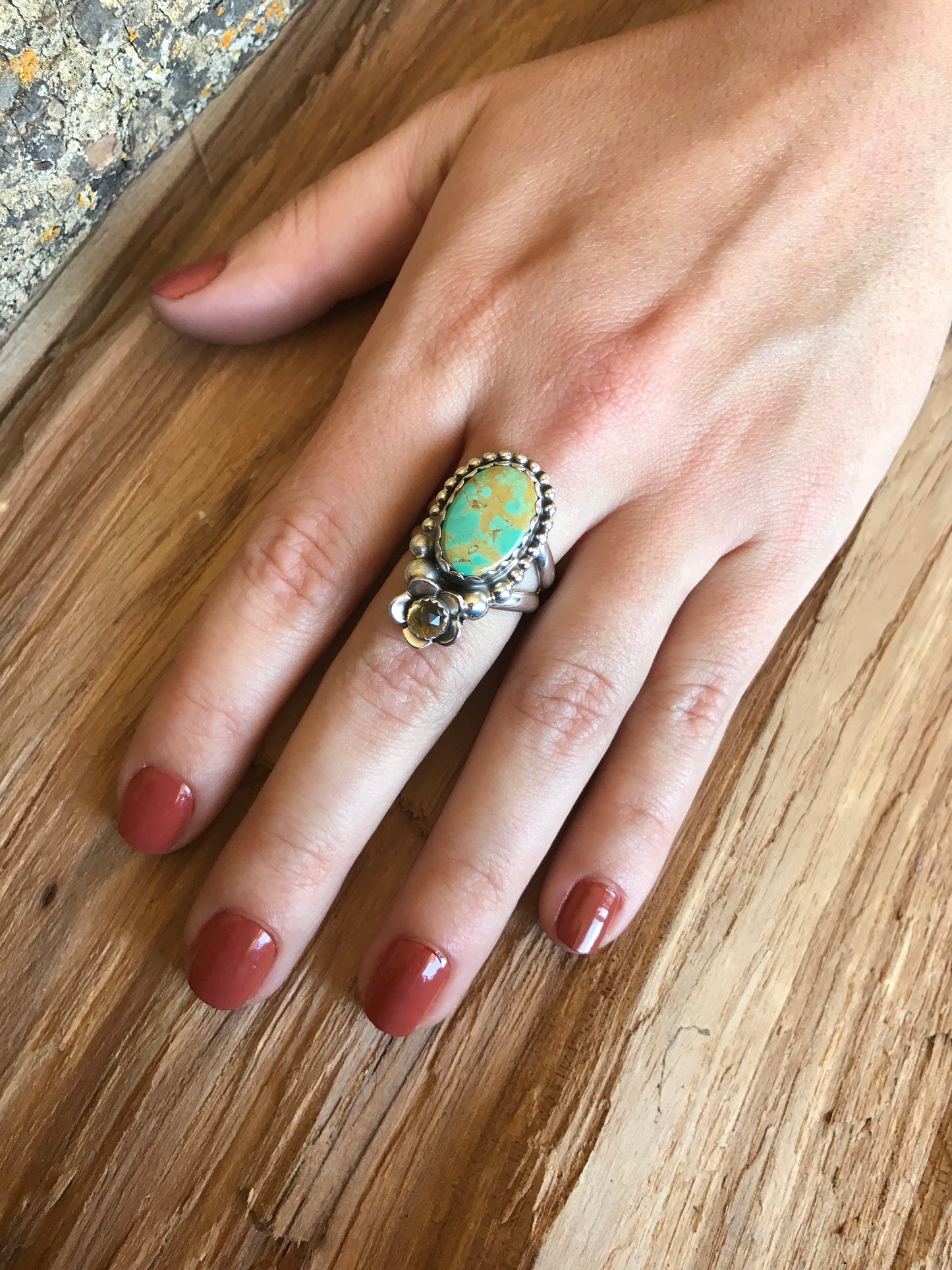 Royston Turquoise Ring with Citrine Wildflowers~ Sterling Silver~ Artisan Handmade~ Size 7 1/2