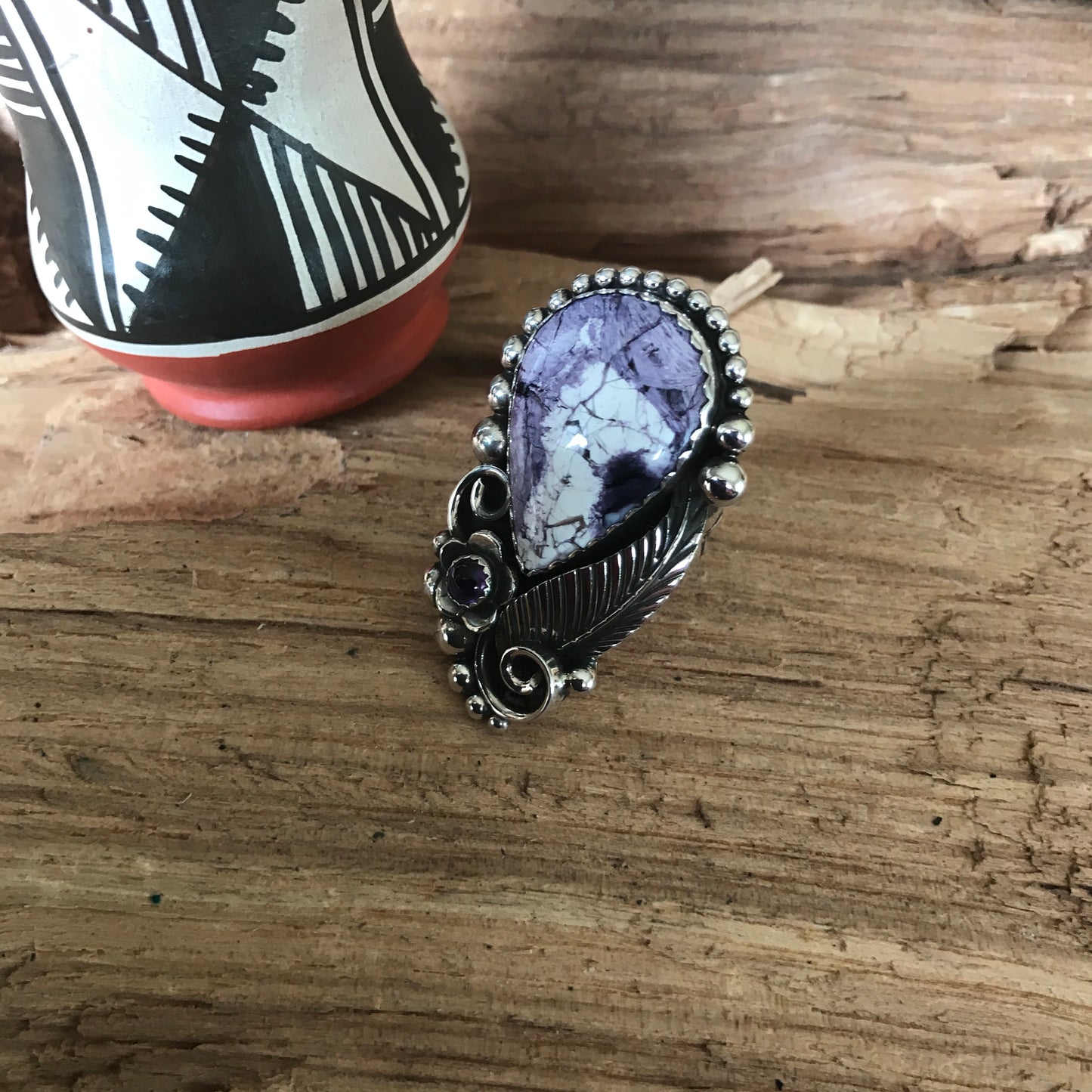 Tiffany Stone and Amethyst Ring~ Sterling Silver~ Artisan Handmade~ size 7 1/2