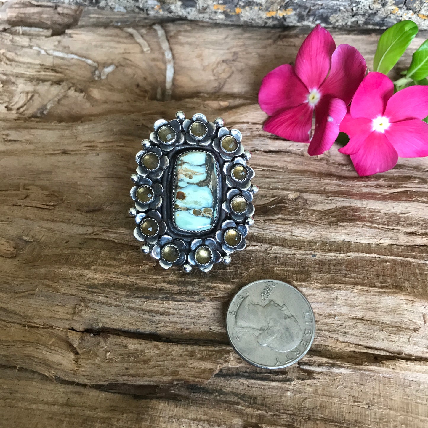FLORA de SANTA FE ~ 7 Dwarfs Turquoise ring with Citrine Wildflowers ~ Sterling Silver~ Artisan Handmade ~ size 10 1/2