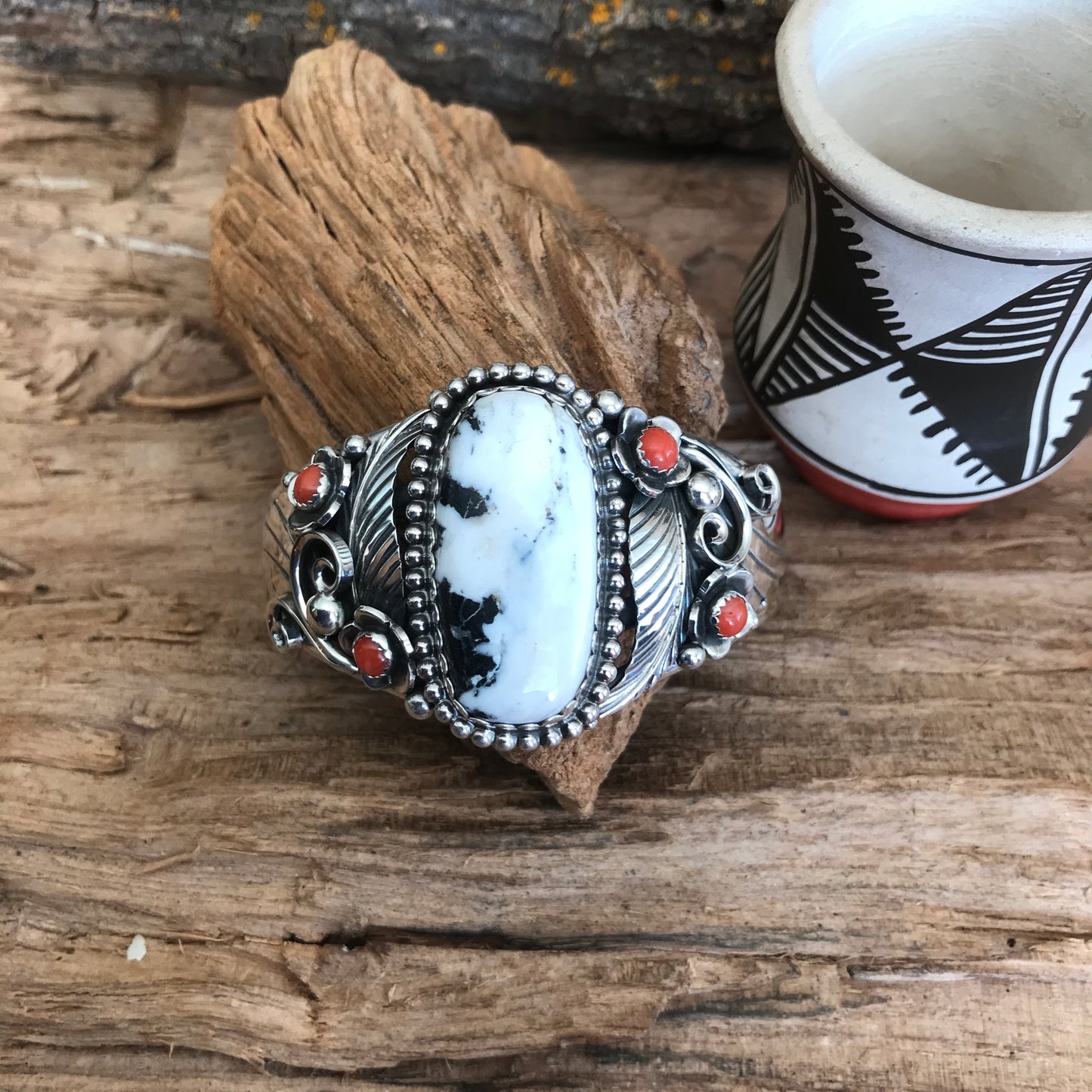 White Buffalo Cuff Bracelet with Red Coral Wildflowers~ Sterling Silver~ Artisan Handmade~RTS020