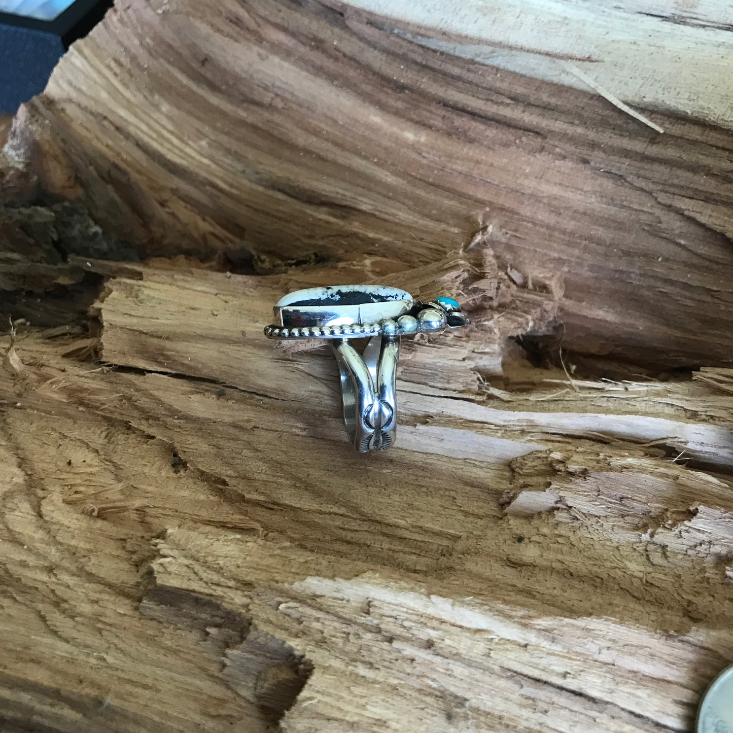 White Buffalo Ring with a Sleeping Beauty Wildflower~ Sterling Silver~Size 9 1/4~RTS040