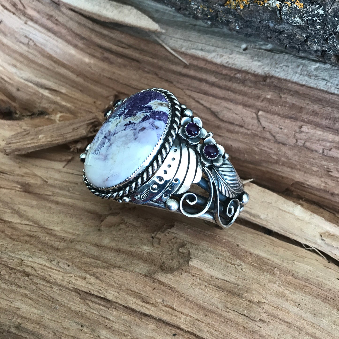 Tiffany Stone and Amethyst Cuff Bracelet~ LARGE WRIST~ Sterling Silver~ Artisan Handmade