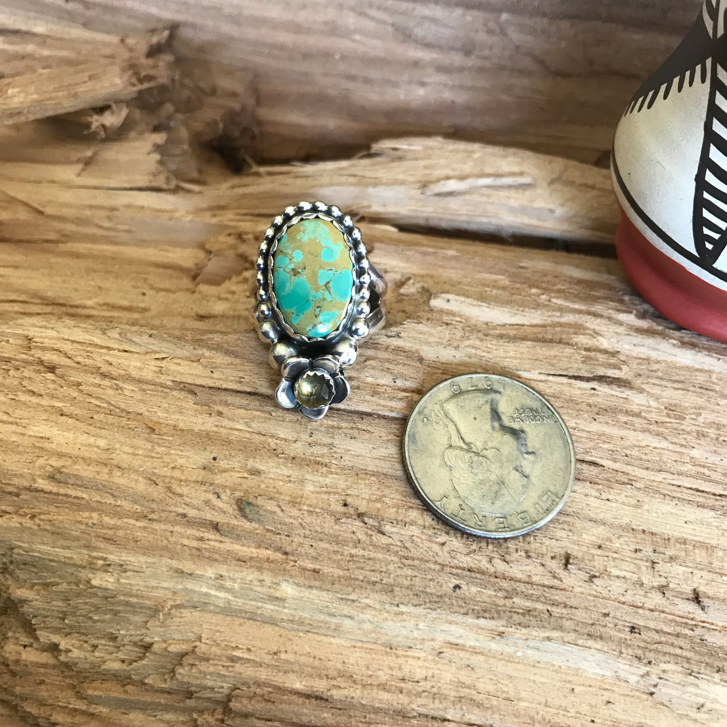 Royston Turquoise Ring with Citrine Wildflowers~ Sterling Silver~ Artisan Handmade~ Size 7 1/2