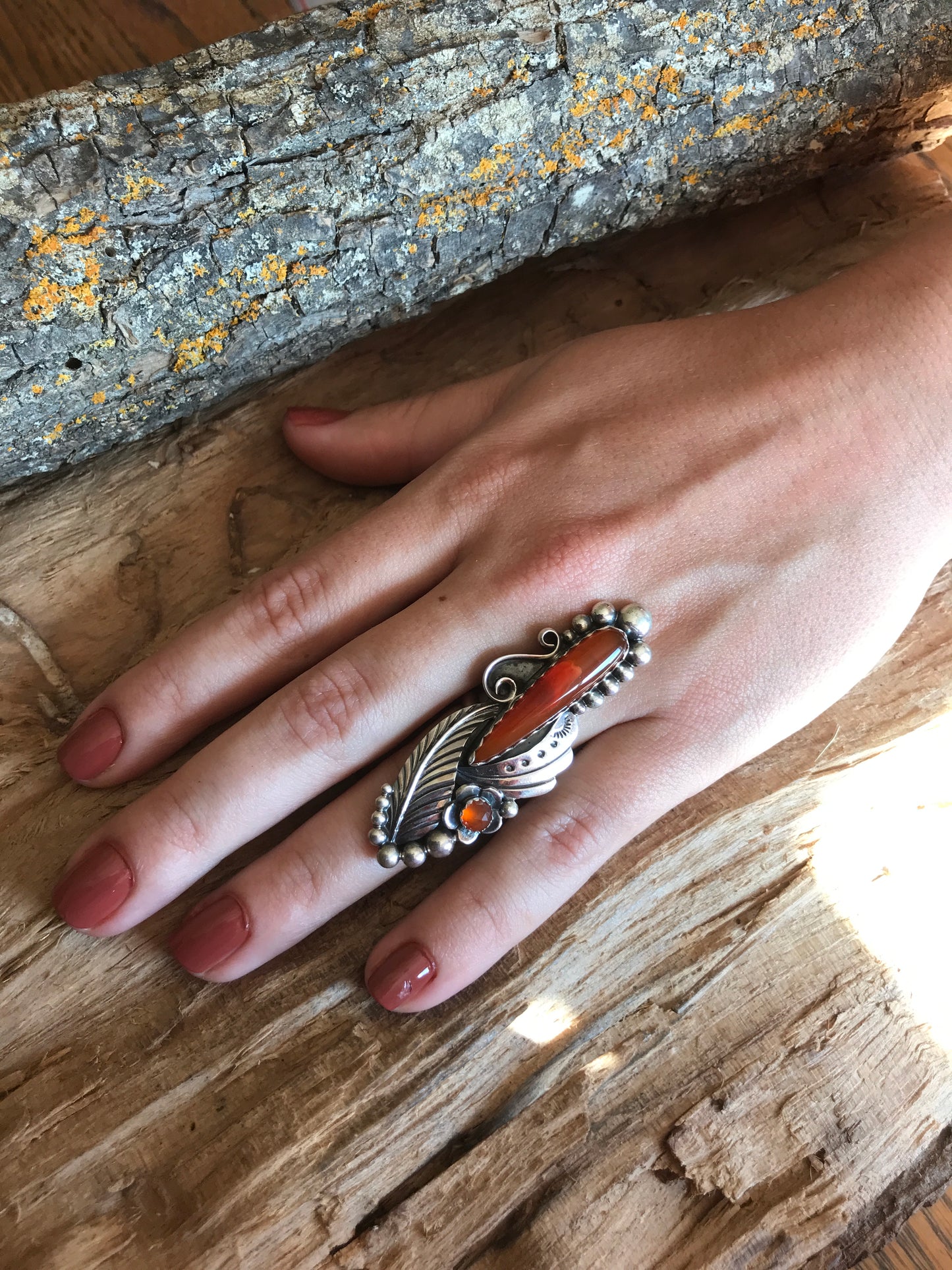 Rosarita Statement Ring with a Carnelian Wildflower~ Sterling Silver~ Artisan Handmade~ Size 6
