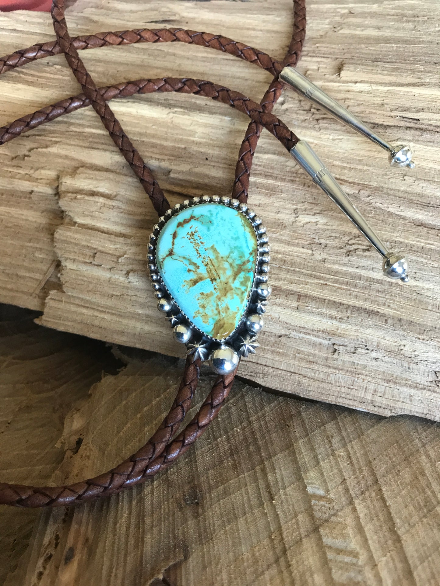 Pilot Mountain Turquoise Bolo Tie~ Sterling Silver~ real leather cord