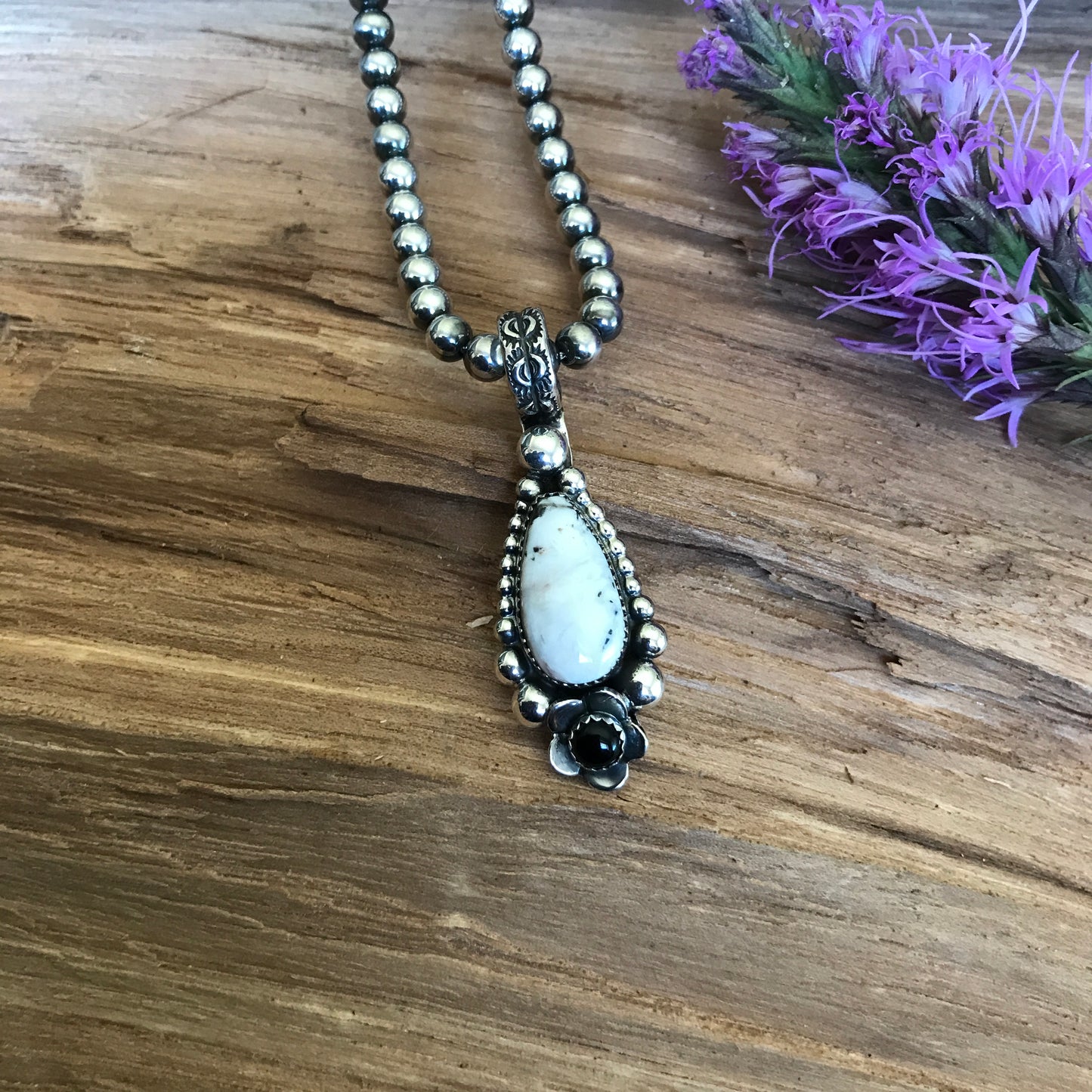 White Buffalo Turquoise pendant with a Black Onyx Wildflower~ Sterling Silver~ Artisan Handmade