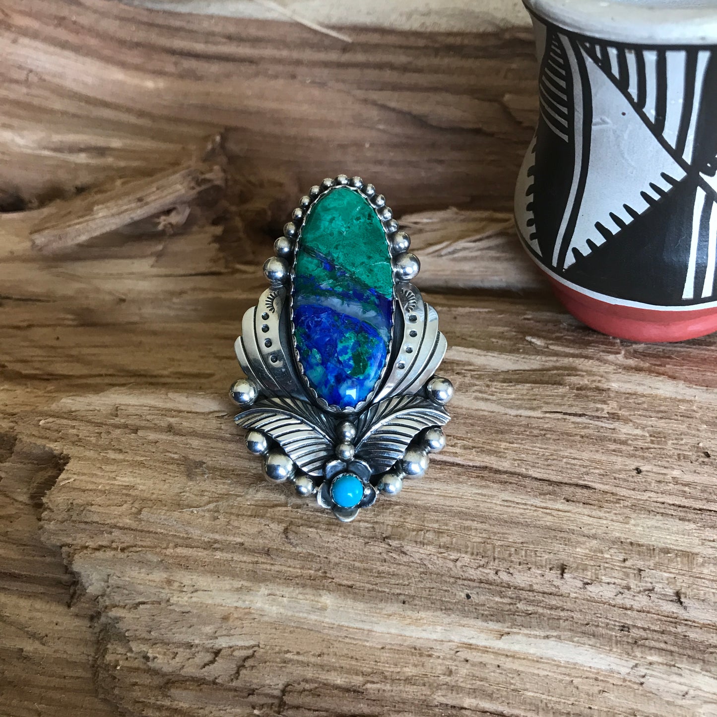 Bluebird Azurite with a Sleeping Beauty Wildflower Ring~Sterling Silver~ Artisan Handmade~ Size 10
