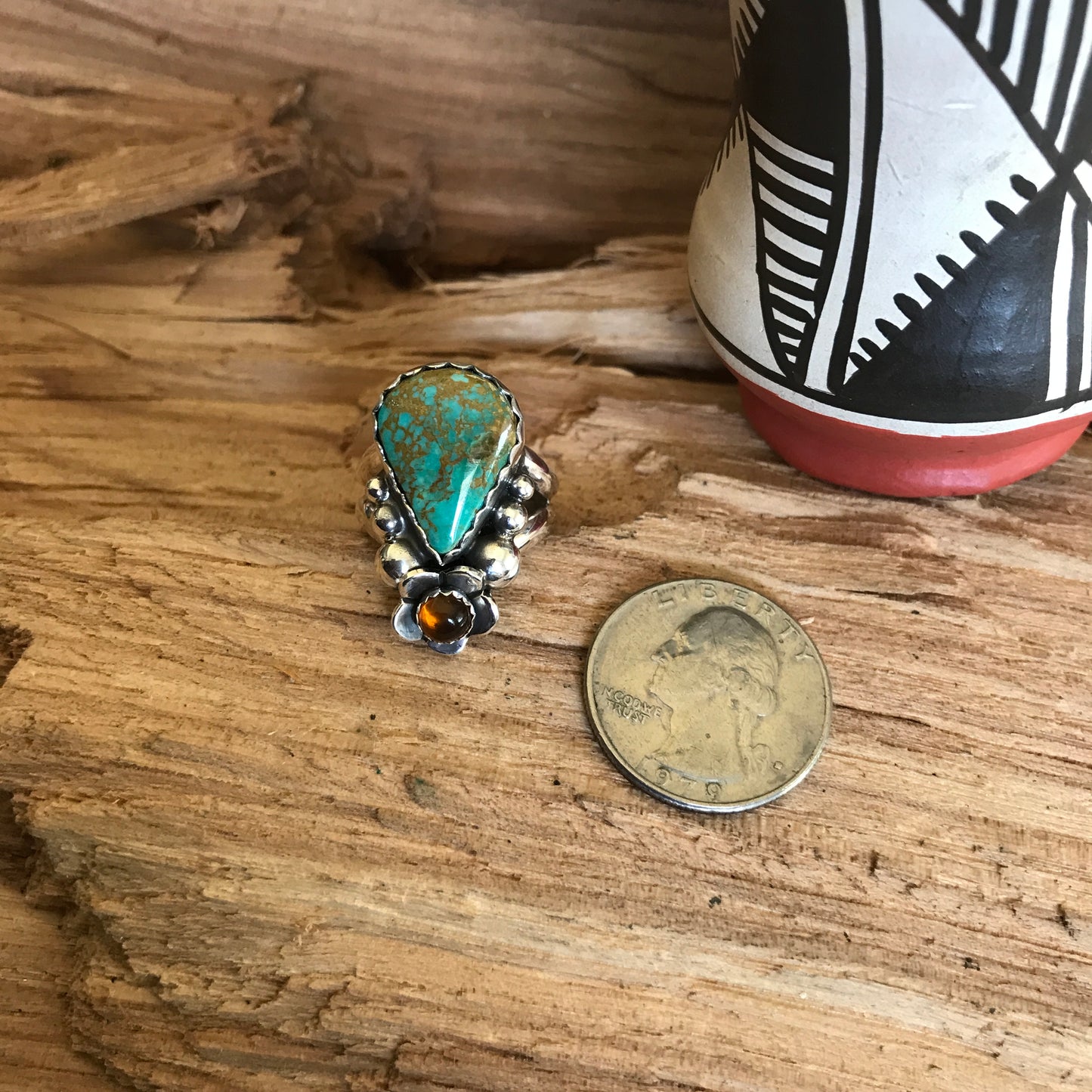 Kings Manassa Turquoise Ring with an Amber Wildflower~ Sterling Silver~ Artisan Handmade~ Size 7