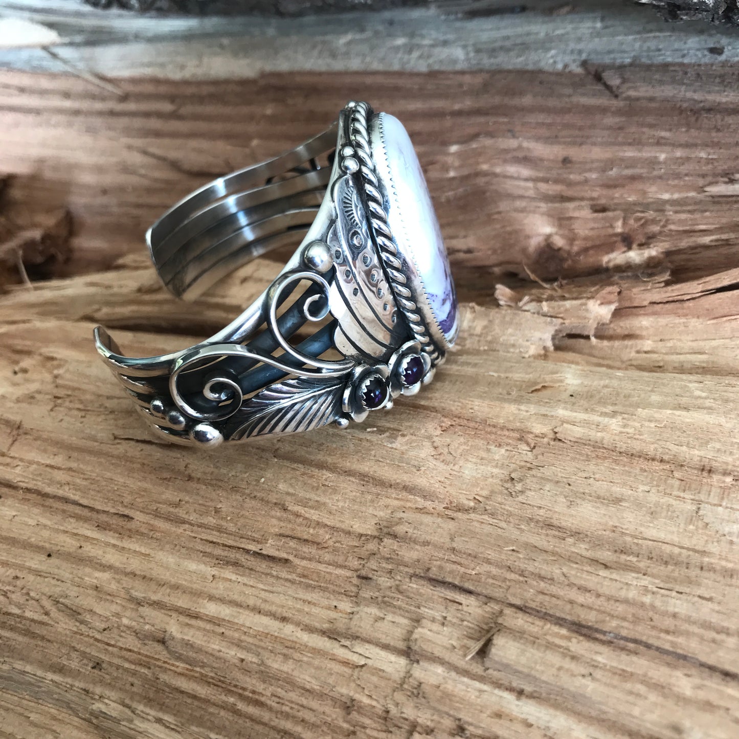 Tiffany Stone and Amethyst Cuff Bracelet~ LARGE WRIST~ Sterling Silver~ Artisan Handmade
