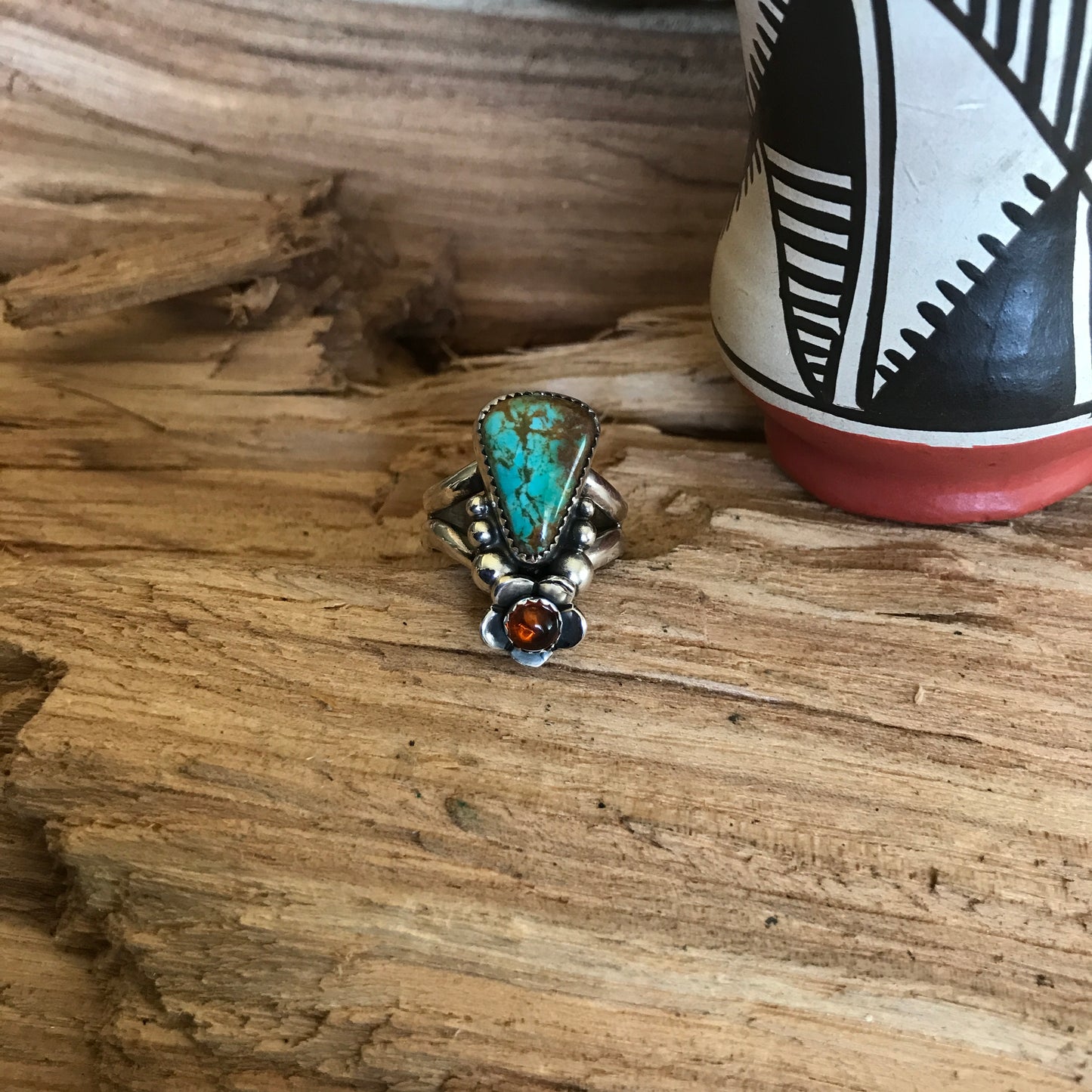 Kings Manassa Turquoise Ring with an Amber Wildflower~ Sterling Silver~ Artisan Handmade~ Size 8 1/2