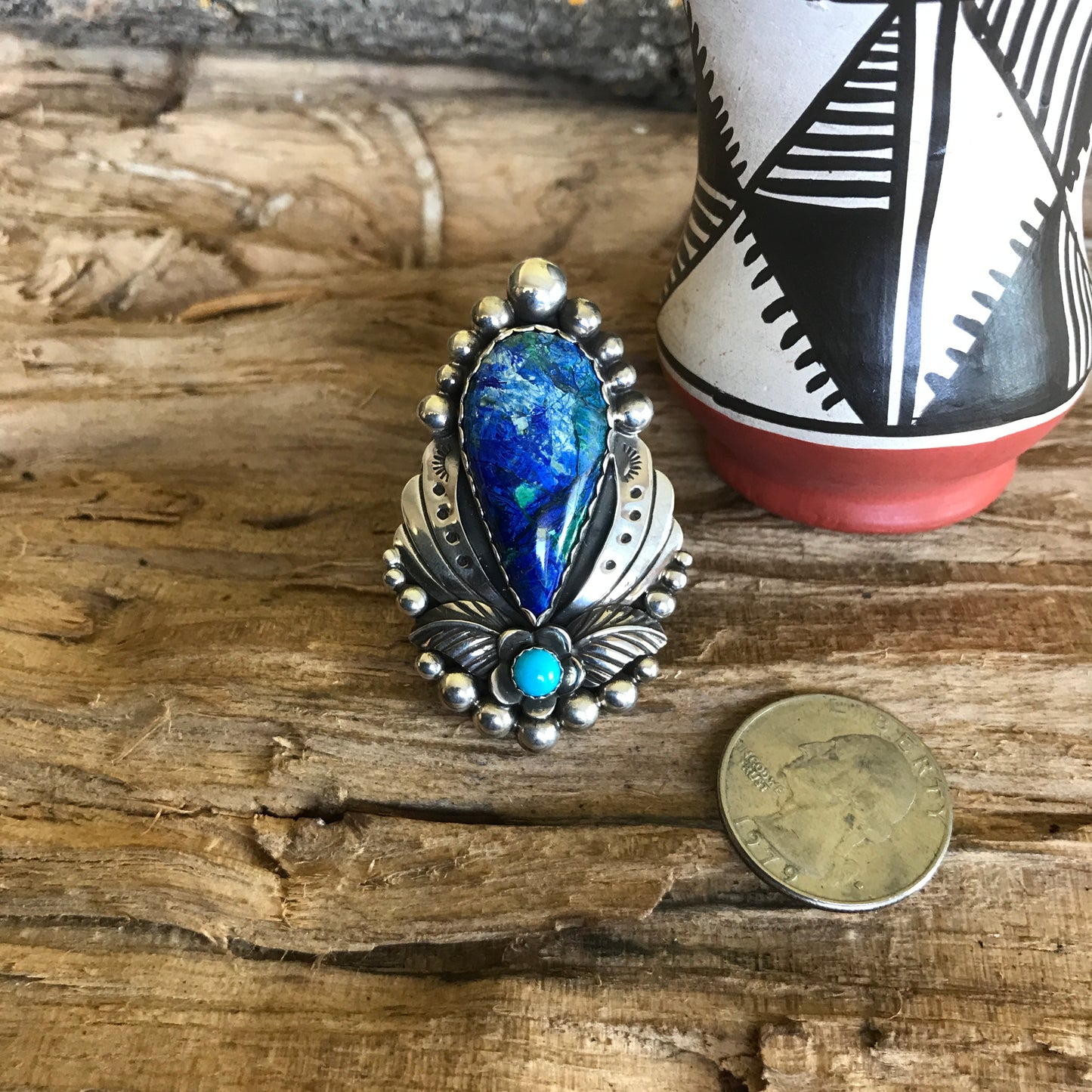 Bluebird Azurite with a Sleeping Beauty Wildflower Ring~Sterling Silver~ Artisan Handmade~ Size 7 3/4