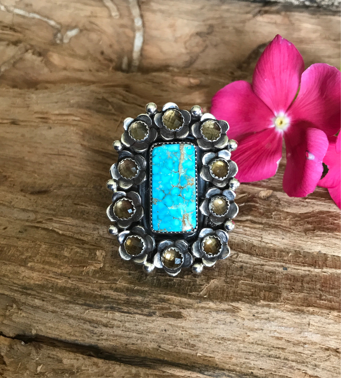 FLORA de SANTA FE ~ Kingman waterweb Turquoise ring with Citrine Wildflowers ~ Sterling Silver~size 8~ 1049