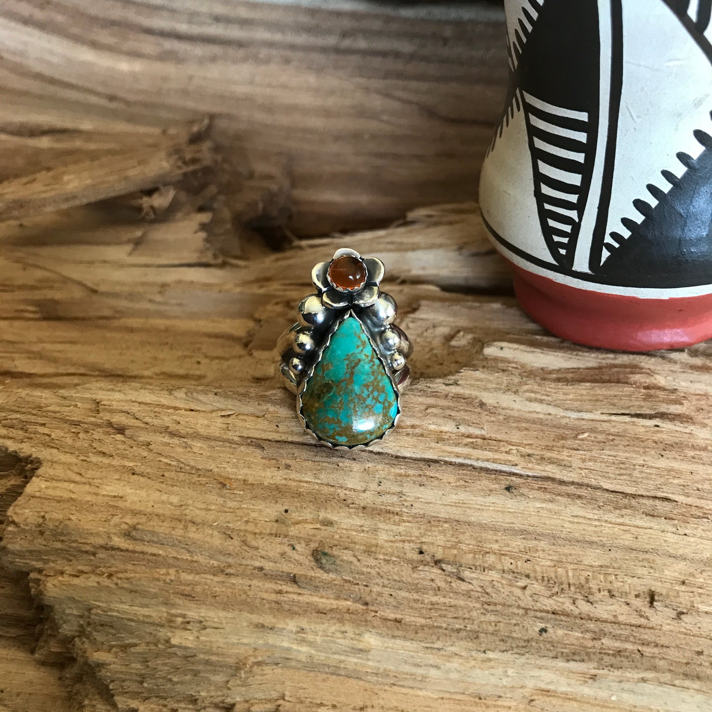 Kings Manassa Turquoise Ring with an Amber Wildflower~ Sterling Silver~ Artisan Handmade~ Size 7