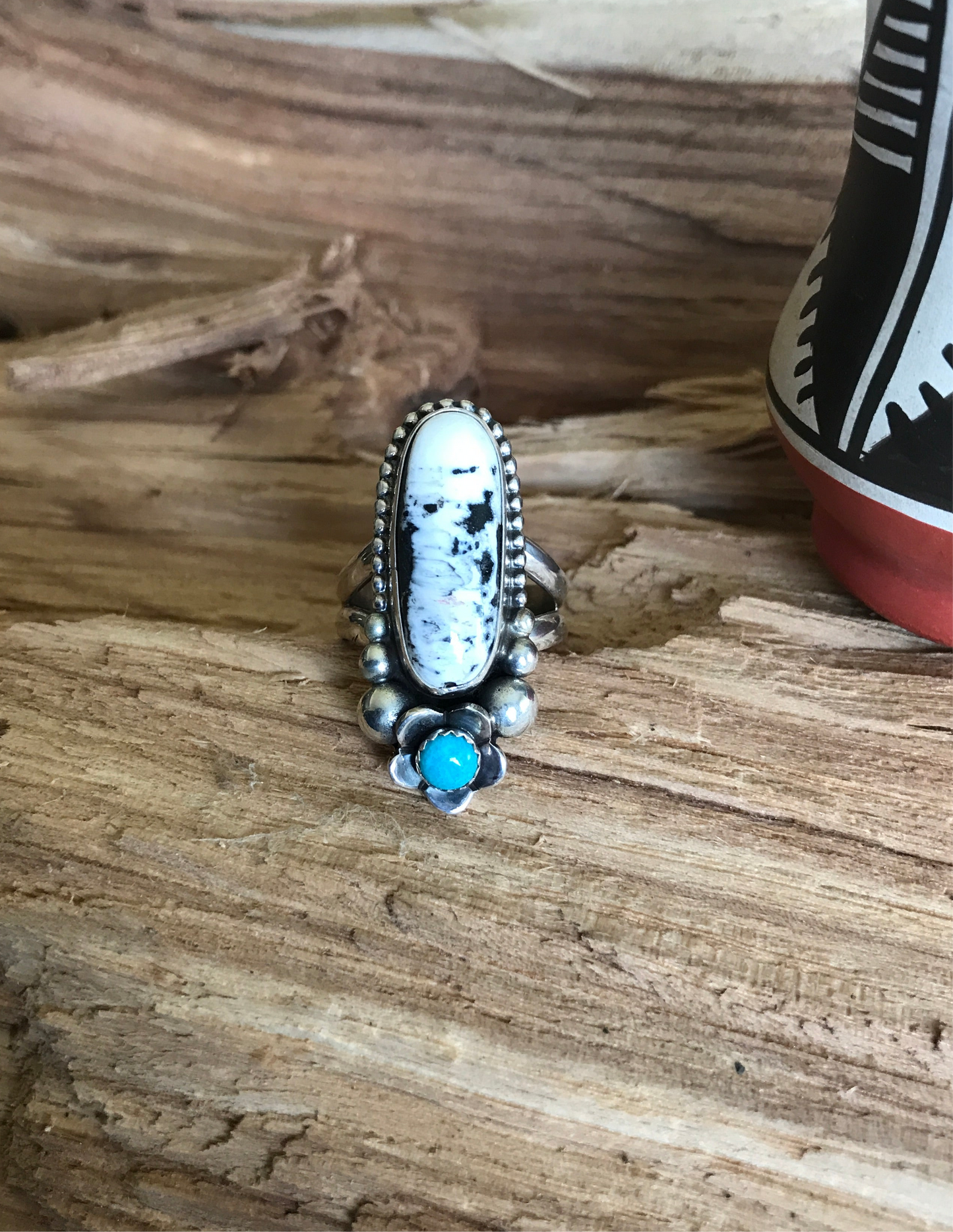 White Buffalo Ring with a Sleeping Beauty Wildflower~ Sterling Silver~Size 9 1/4~RTS040