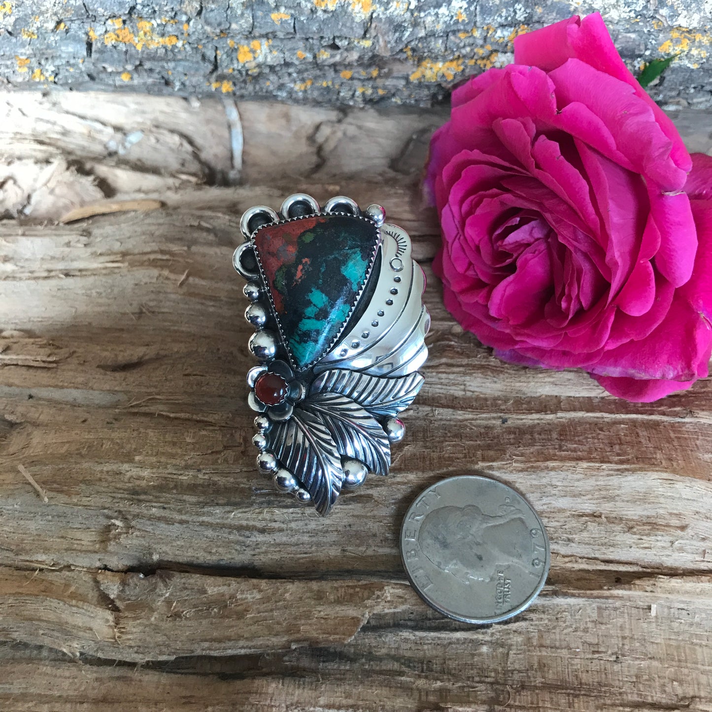 Sonoran Sunset Statement Ring with a Carnelian Wildflower~ Sterling Silver~ Artisan Handmade~ Size 10