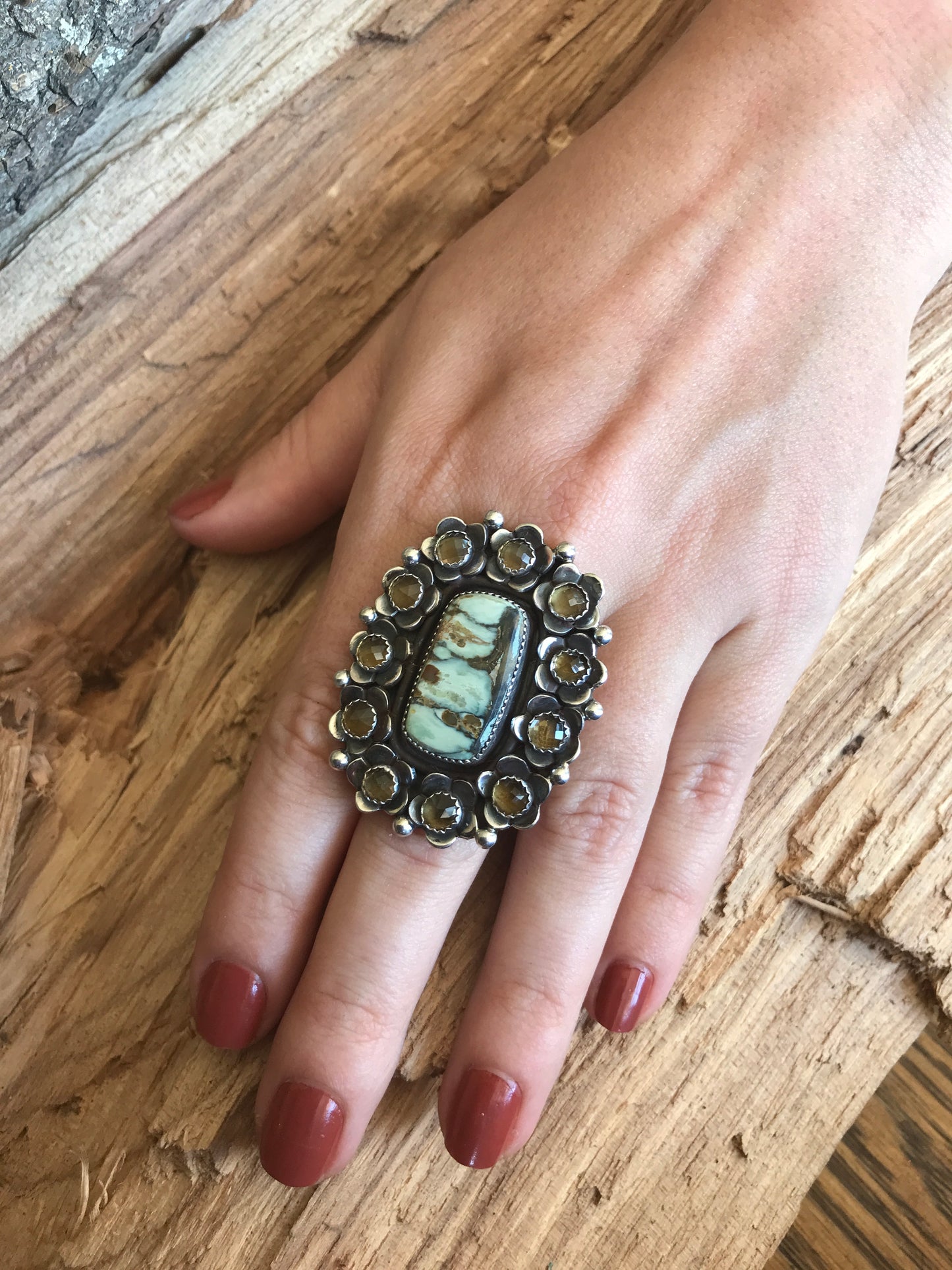 FLORA de SANTA FE ~ 7 Dwarfs Turquoise ring with Citrine Wildflowers ~ Sterling Silver~ Artisan Handmade ~ size 10 1/2