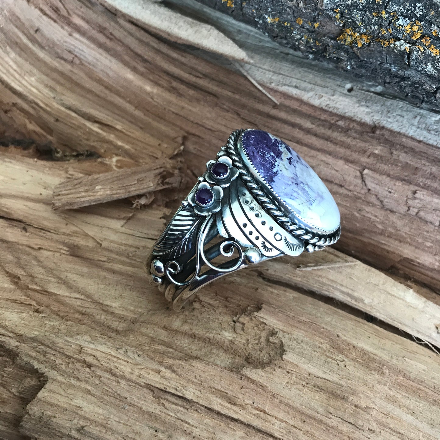 Tiffany Stone and Amethyst Cuff Bracelet~ LARGE WRIST~ Sterling Silver~ Artisan Handmade