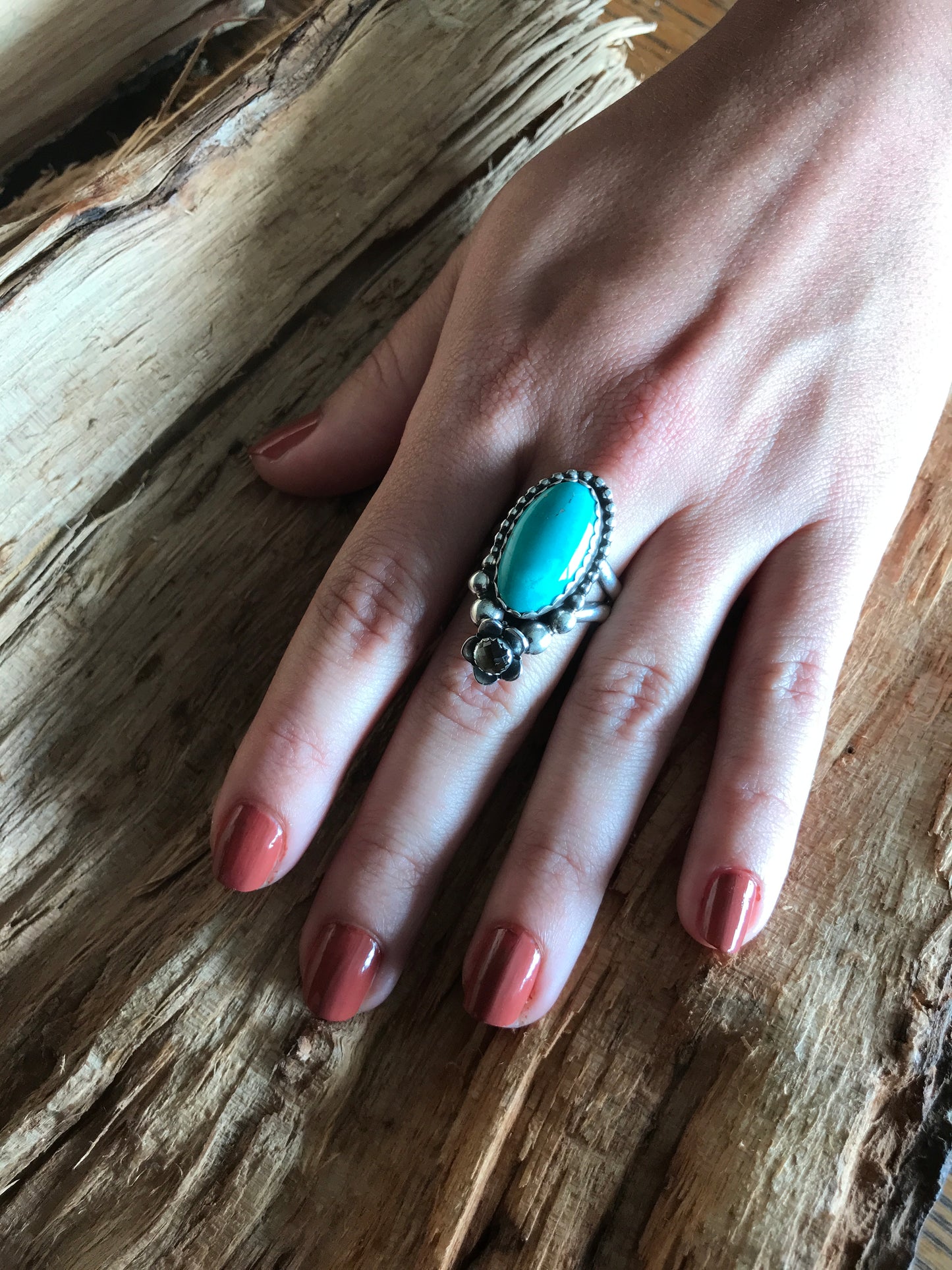 Tyrone Turquoise Ring with a Citrine Wildflower~ Sterling Silver~ Artisan Handmade~ Size 9