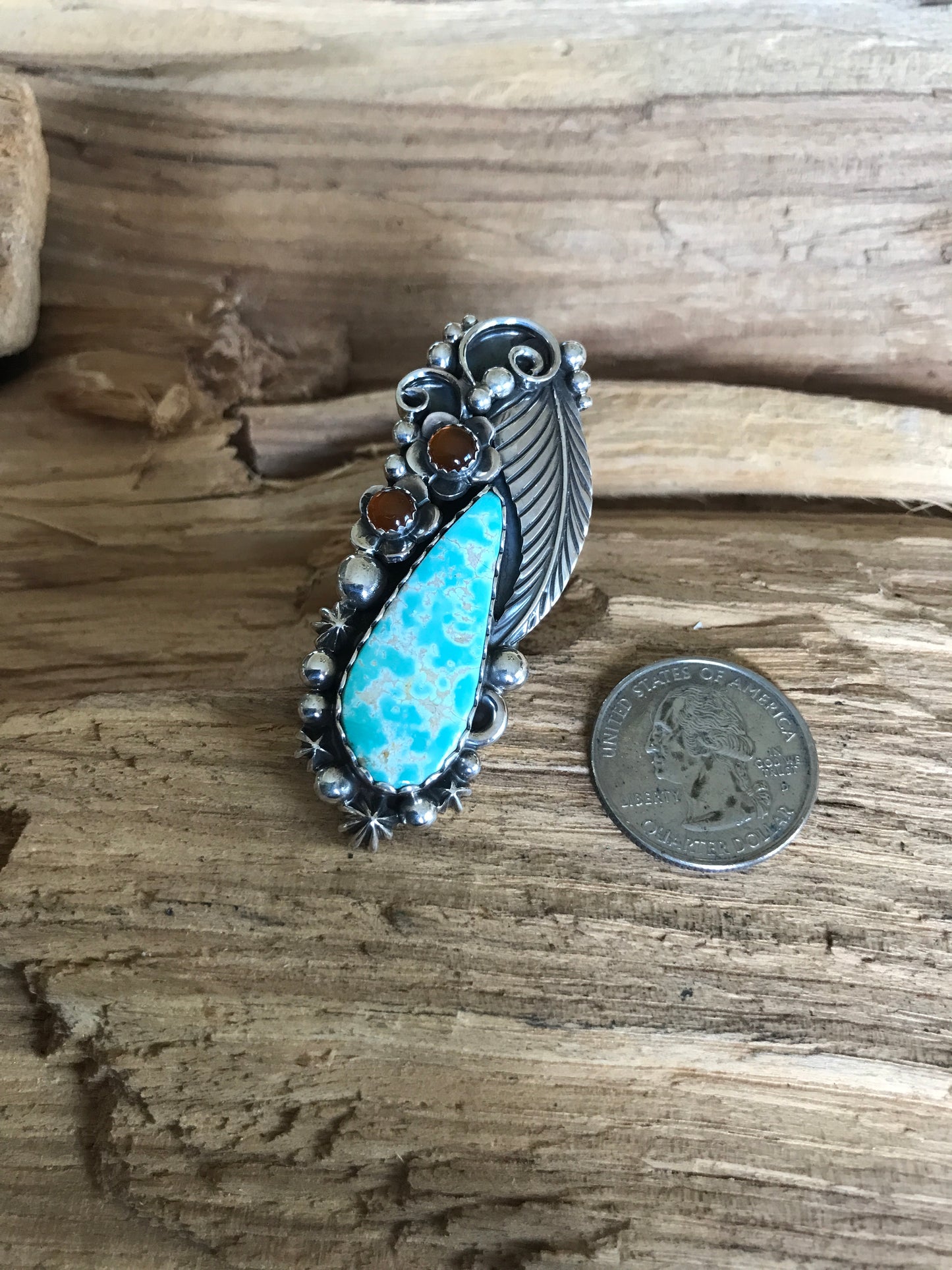 King Dry Creek, Natural Turquoise Ring with Amber Wildflowers~ Sterling Silver~ Artisan Handmade~ Size 7 ~ 1207