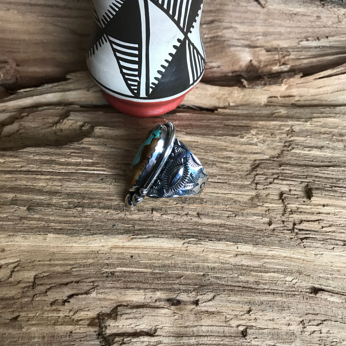 Royston Ribbon Turquoise Ring~ Sterling Silver~ Offset Shank~ Artisan Handmade~ Size 8 1/2