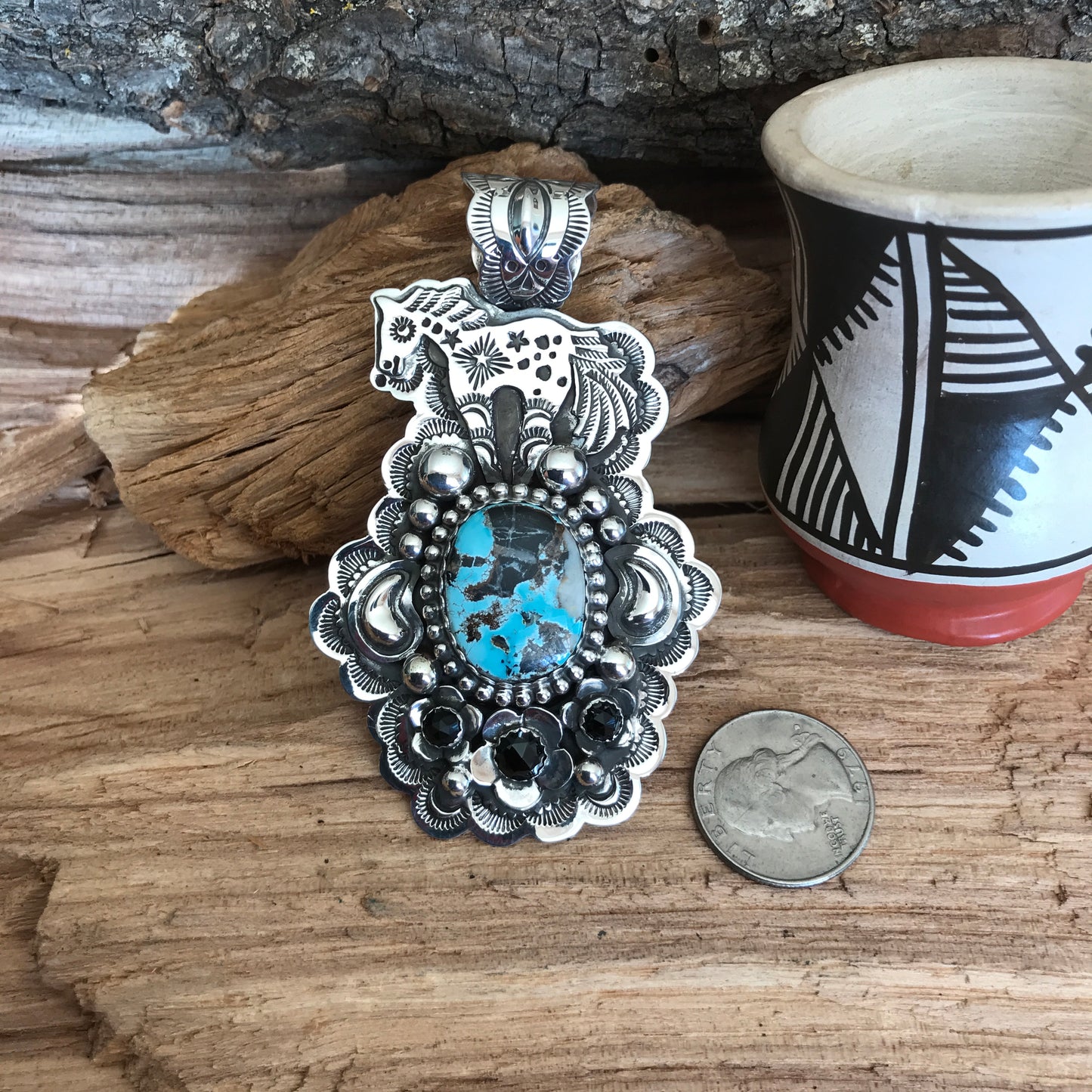 SPIRIT PONY pendant with Blue Moon Turquoise~ Sterling Silver~ large pendant~ Artisan Handmade