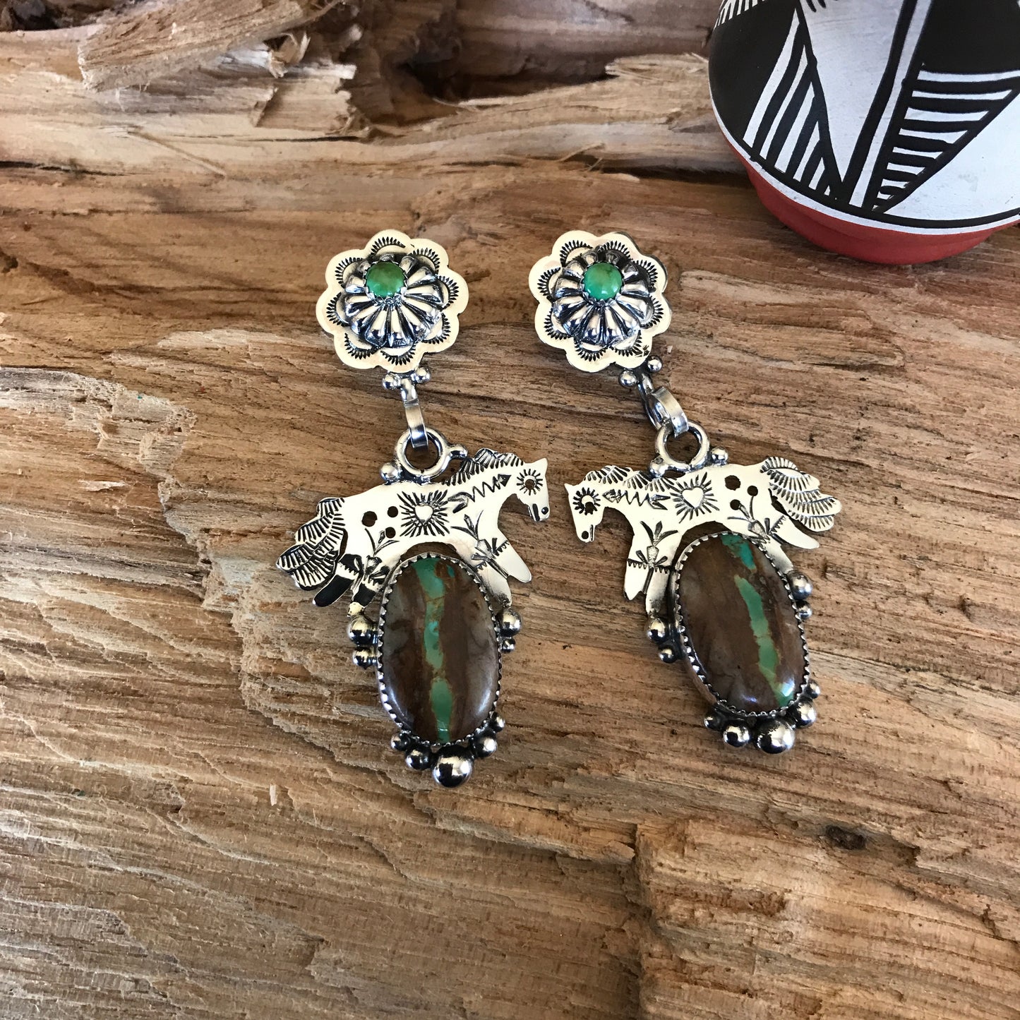SPIRIT PONY Earrings with Royston Ribbon Turquoise~ Sterling Silver~ Artisan Handmade