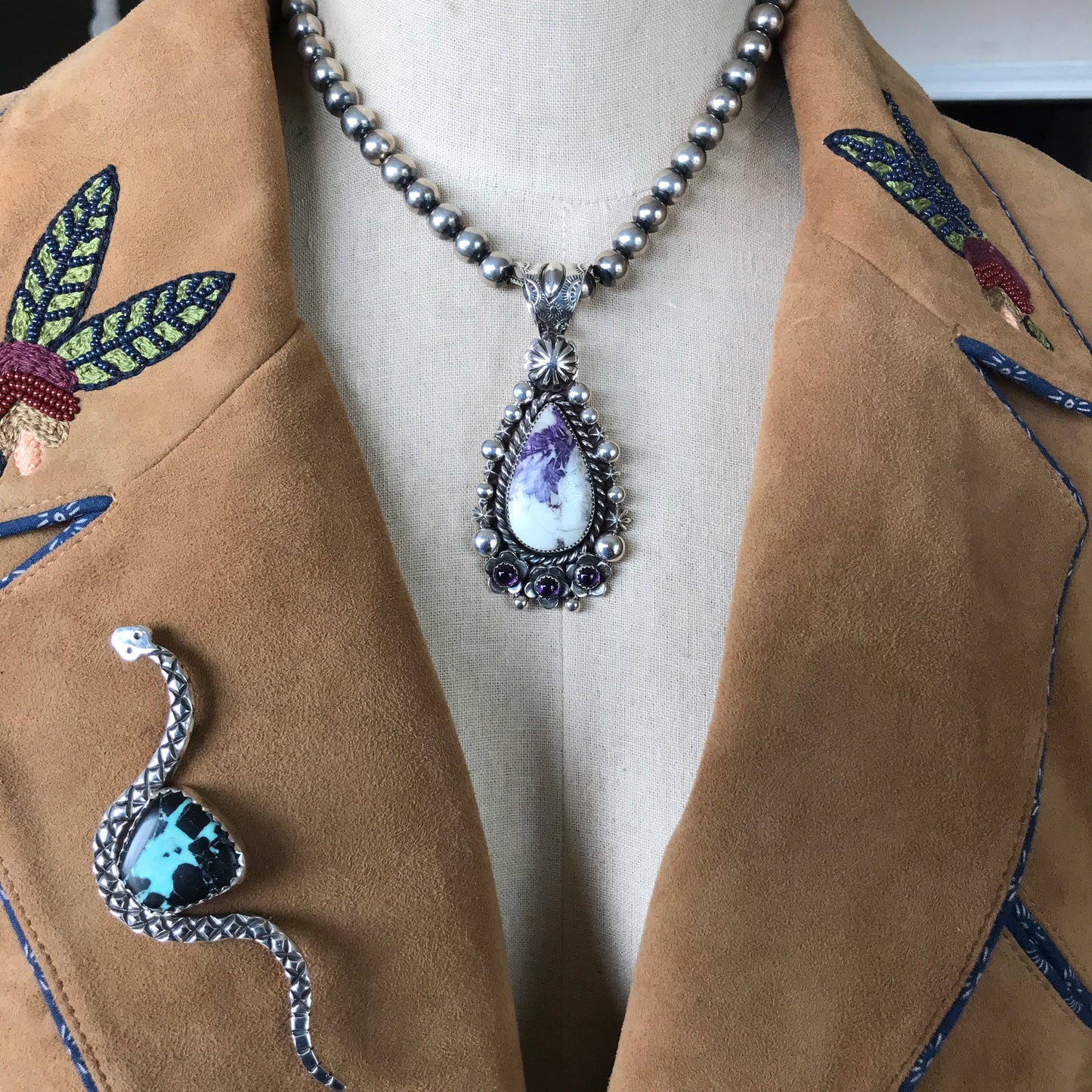 Tiffany Stone and Amethyst large pendant~ Sterling Silver~ Artisan Handmade ~ 1083