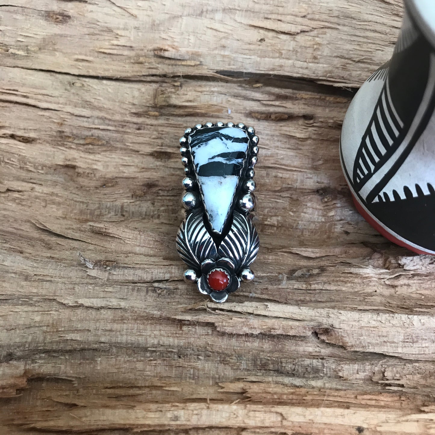White Buffalo Ring with a Red Coral Wildflower~ Sterling Silver~ Artisan Handmade~ Size 7