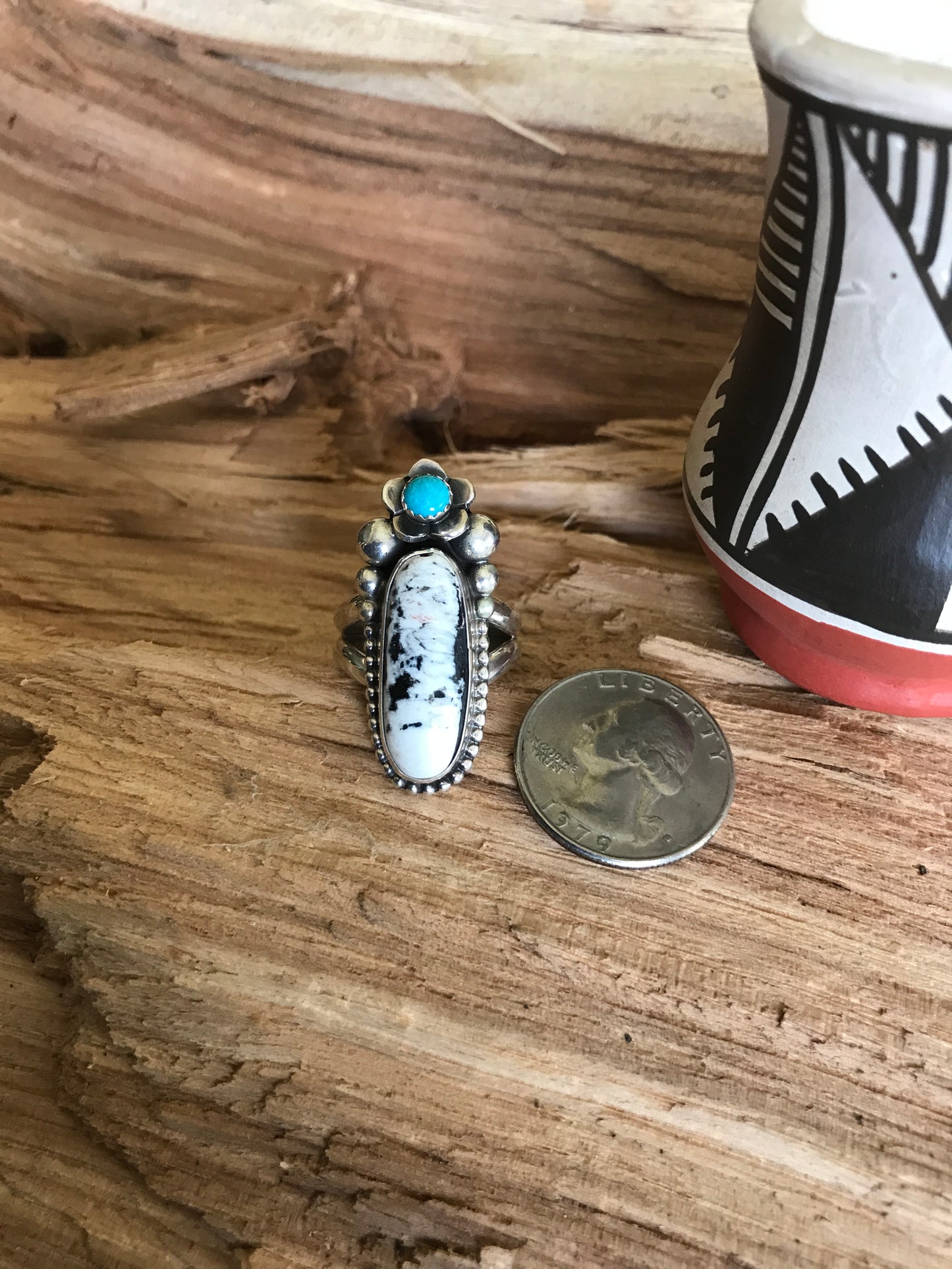 White Buffalo Ring with a Sleeping Beauty Wildflower~ Sterling Silver~Size 9 1/4~RTS040
