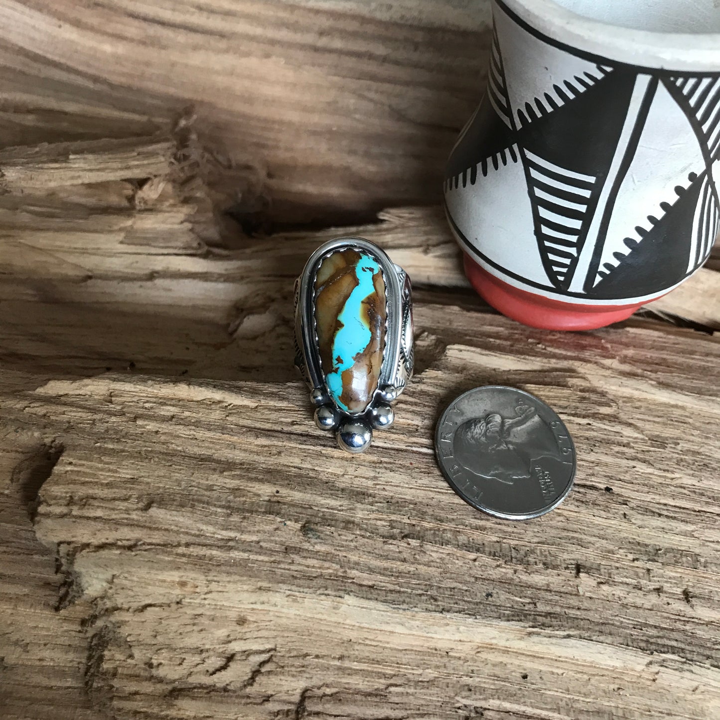 Royston Ribbon Turquoise Ring~ Sterling Silver~ Offset Shank~ Artisan Handmade~ Size 8 1/2