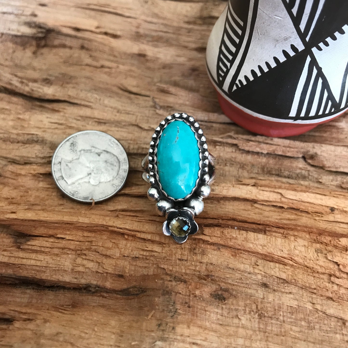 Tyrone Turquoise Ring with a Citrine Wildflower~ Sterling Silver~ Artisan Handmade~ Size 9
