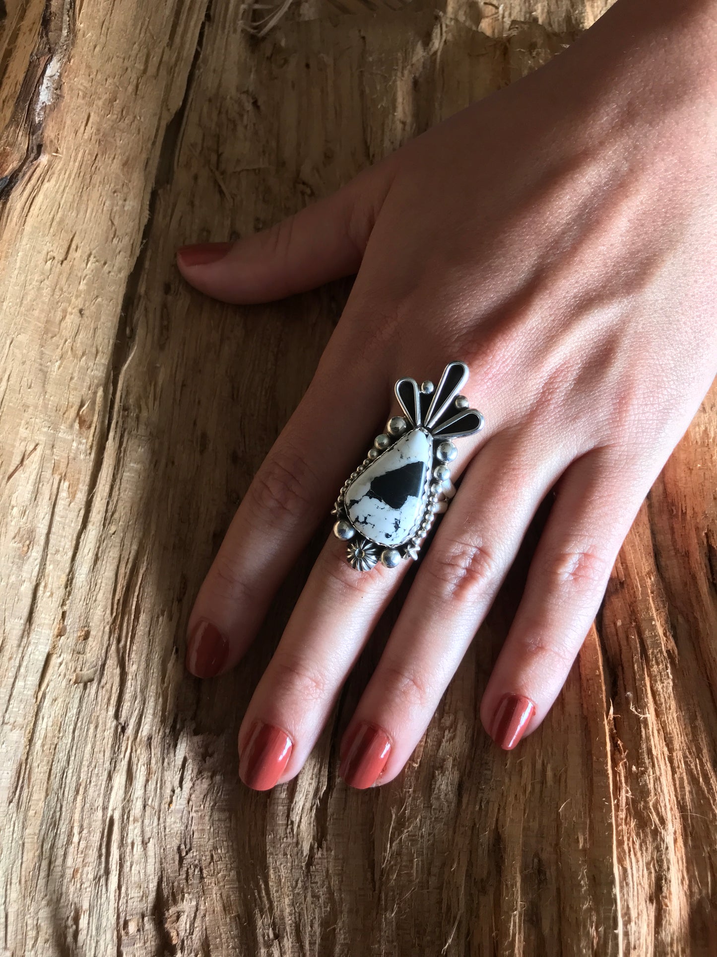 White Buffalo~ Tail of The Thunderbird Ring~Sterling Silver~ Artisan Handmade~ Size 7 1/2