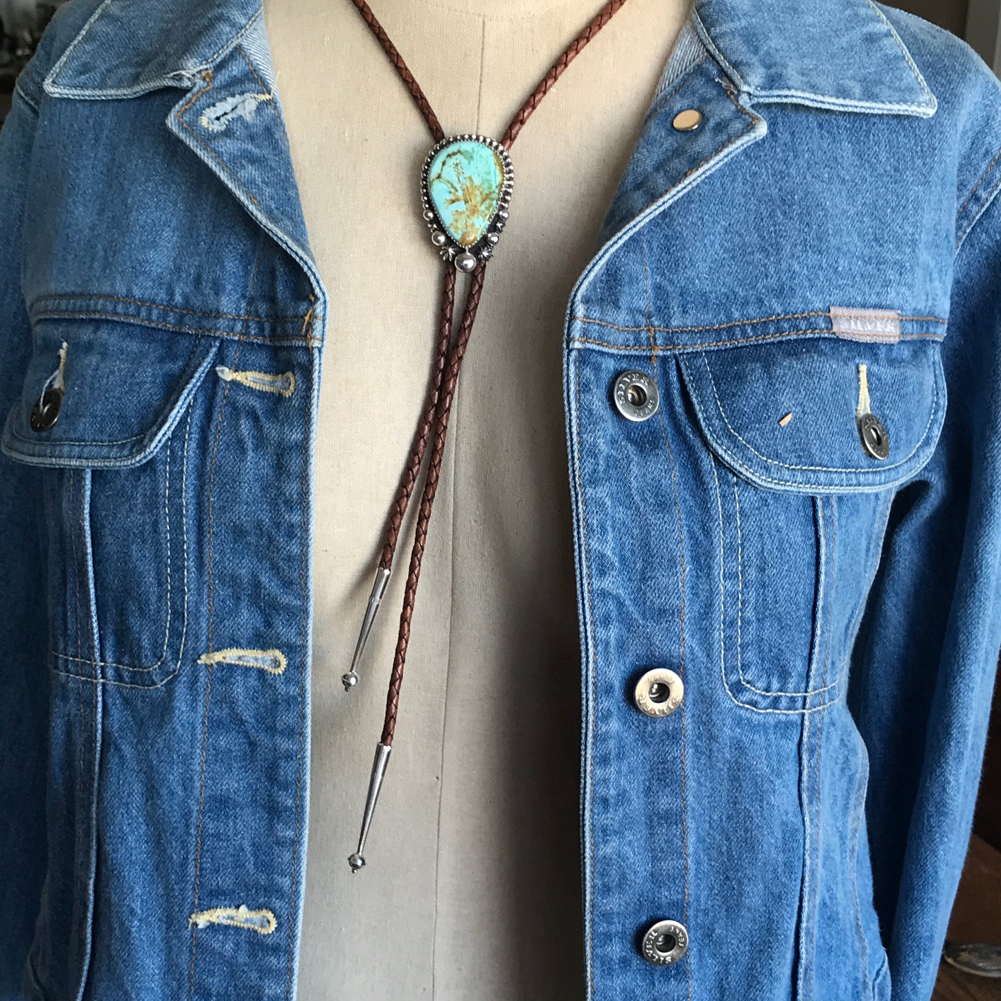 Pilot Mountain Turquoise Bolo Tie~ Sterling Silver~ real leather cord