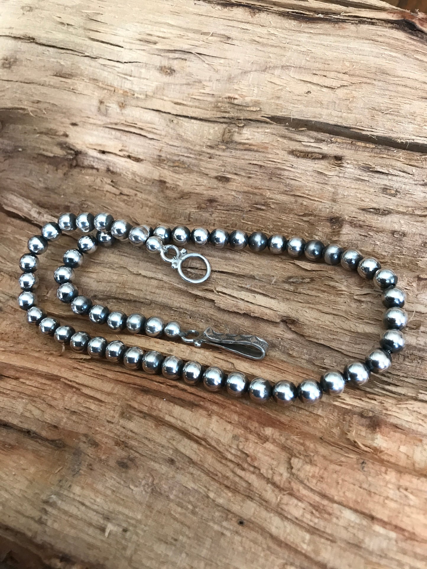 Navajo Pearls 18 1/2 inch~ Sterling Silver~ 7mm beads~ Soldered Handmade Catches~ Strung on Squashblossom heavy braided Foxtail~ 1007